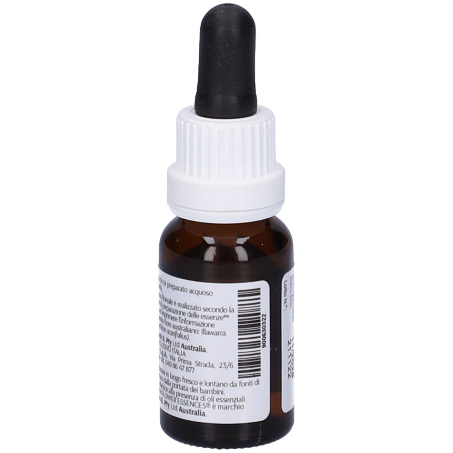 Flacone di vetro marrone con contagocce nero. Etichetta con nome prodotto Illawarra Flame Tree e 15ml.