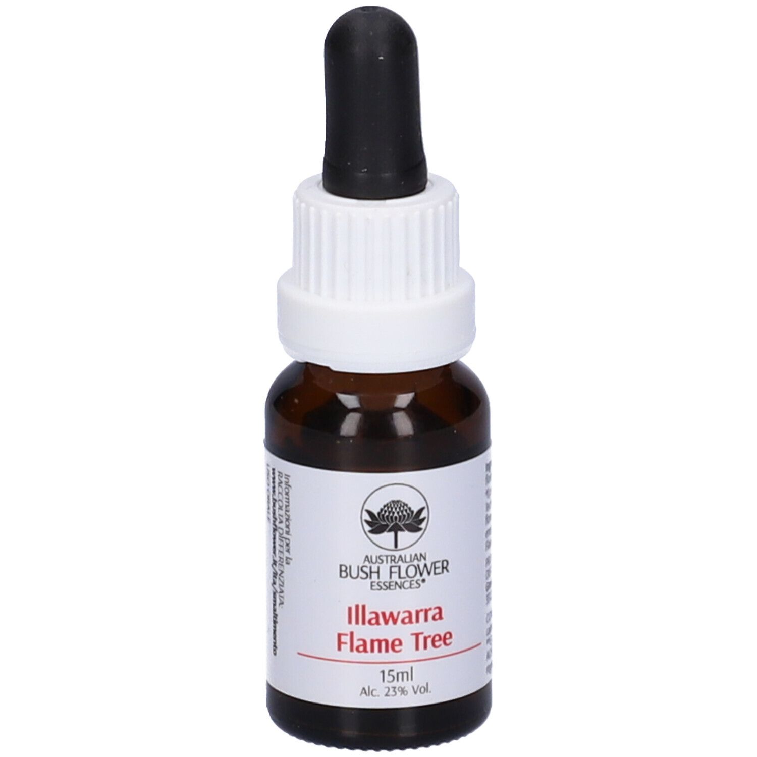 Flacone di vetro marrone con contagocce nero. Etichetta con nome prodotto Illawarra Flame Tree e 15ml.