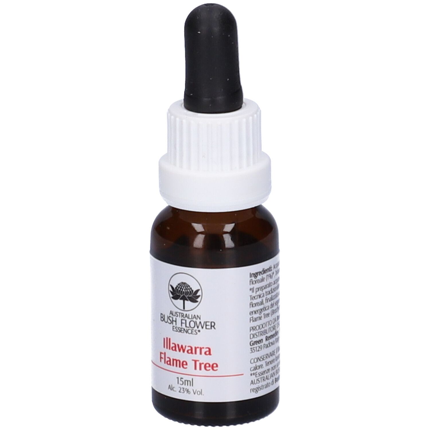 Flacone di vetro marrone con contagocce nero. Etichetta con nome prodotto Illawarra Flame Tree e 15ml.
