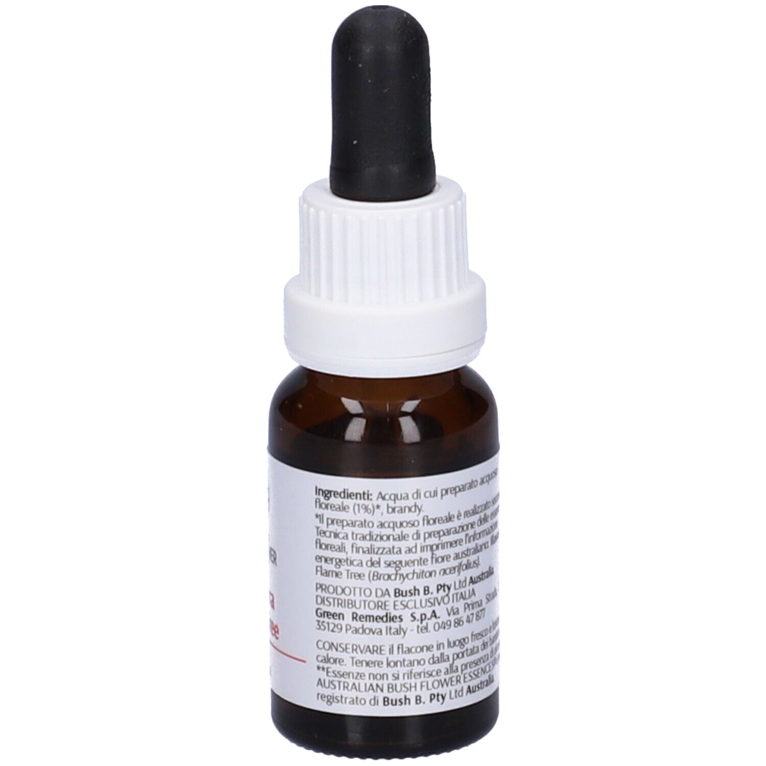 Flacone di vetro marrone con contagocce nero. Etichetta con nome prodotto Illawarra Flame Tree e 15ml.