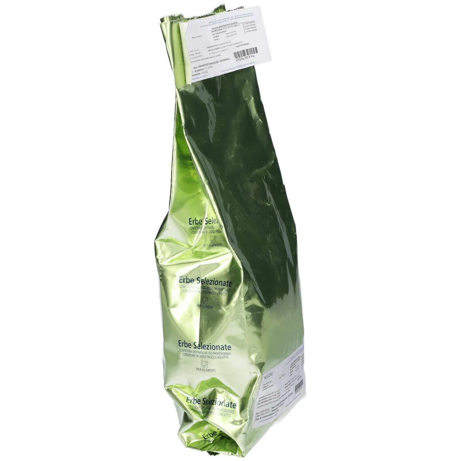 Confezione verde lucida. Testo: 'Erbe Selezionate'. Etichette. Nome del prodotto non visibile.