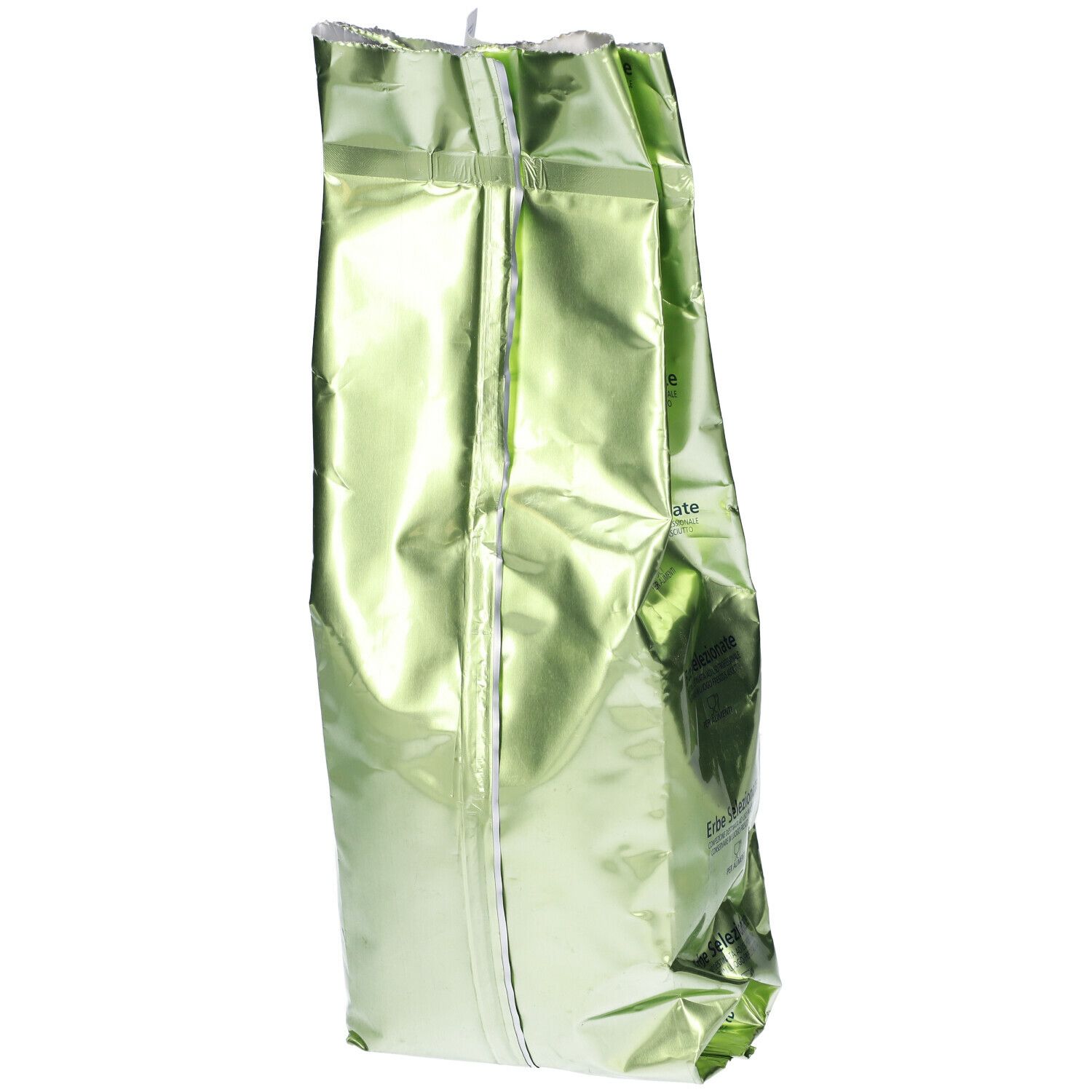 Confezione verde lucida. Cerniera. Etichette. Nome del prodotto non visibile.