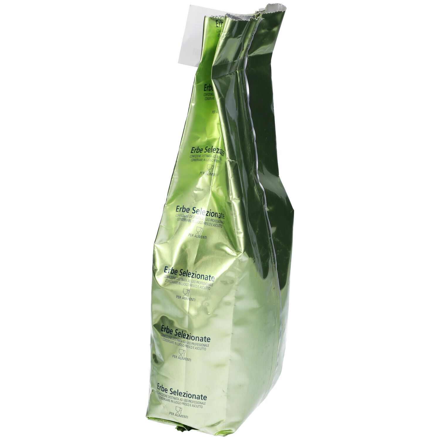 Confezione verde lucida. Testo: 'Erbe Selezionate'. Etichette. Nome del prodotto non visibile.
