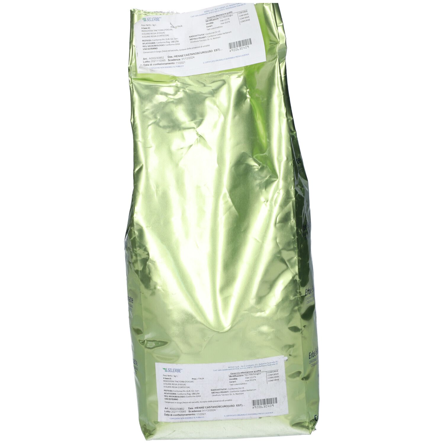 Confezione verde lucida con informazioni e codice a barre. Etichette con testo.