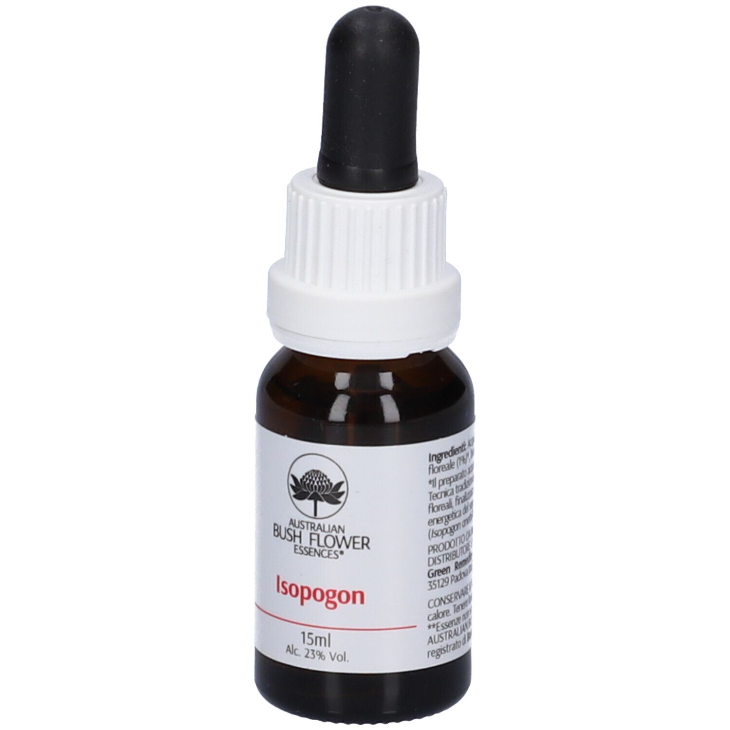 Flacone di vetro marrone con contagocce nero. Tappo bianco. Etichetta con logo, nome del prodotto e volume.