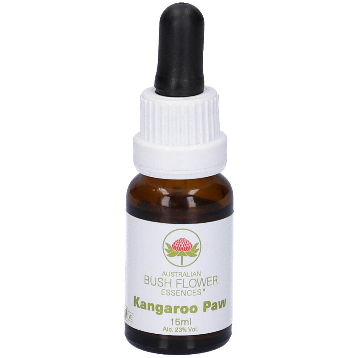 Flacone di vetro marrone con contagocce. Etichetta bianca con nome e logo. 15ml.