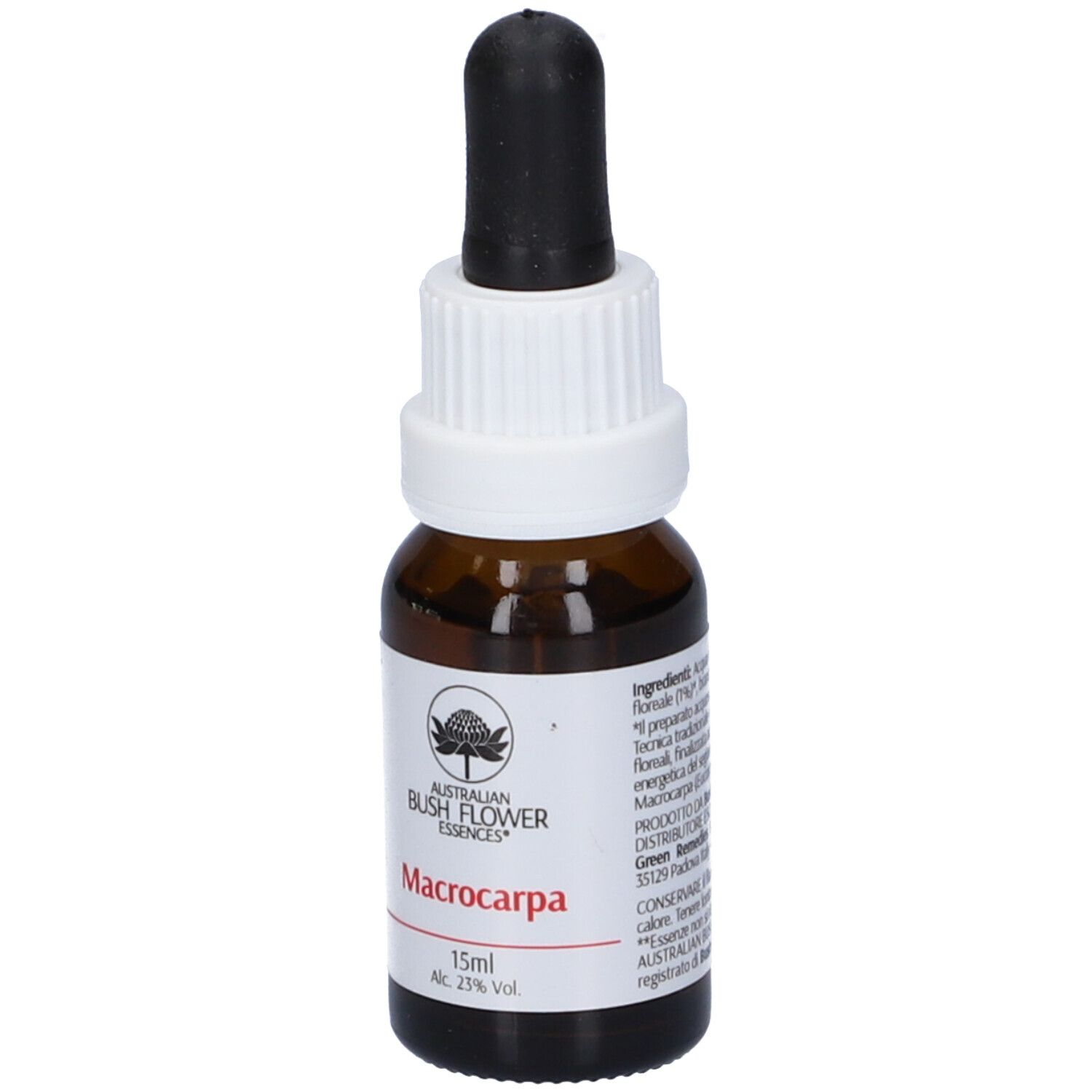 Flacone di vetro marrone con tappo bianco e contagocce nero. Etichetta con nome del prodotto e logo.