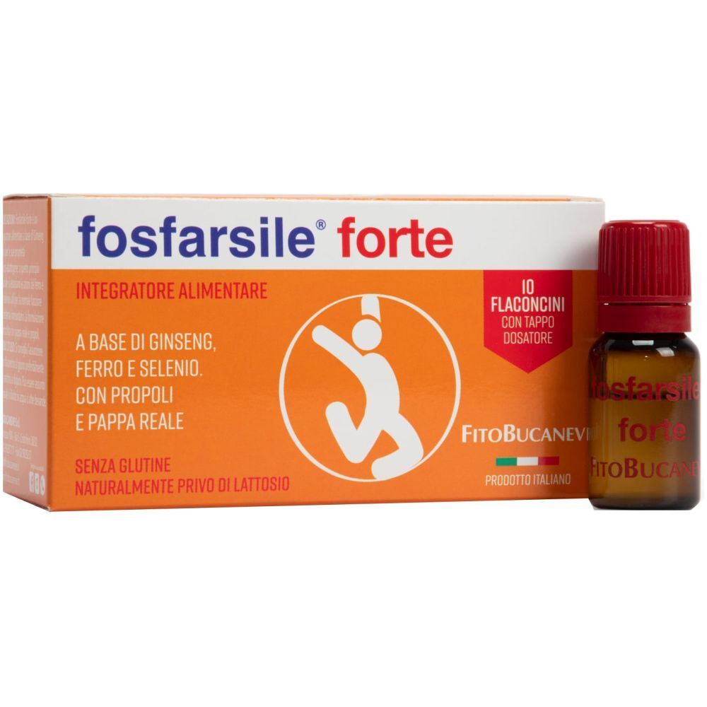 Confezione di Fosfarsile Forte, 10 flaconcini con tappo dosatore. Contiene ginseng, ferro, selenio, propoli e pappa reale. Senza glutine, senza lattosio.
