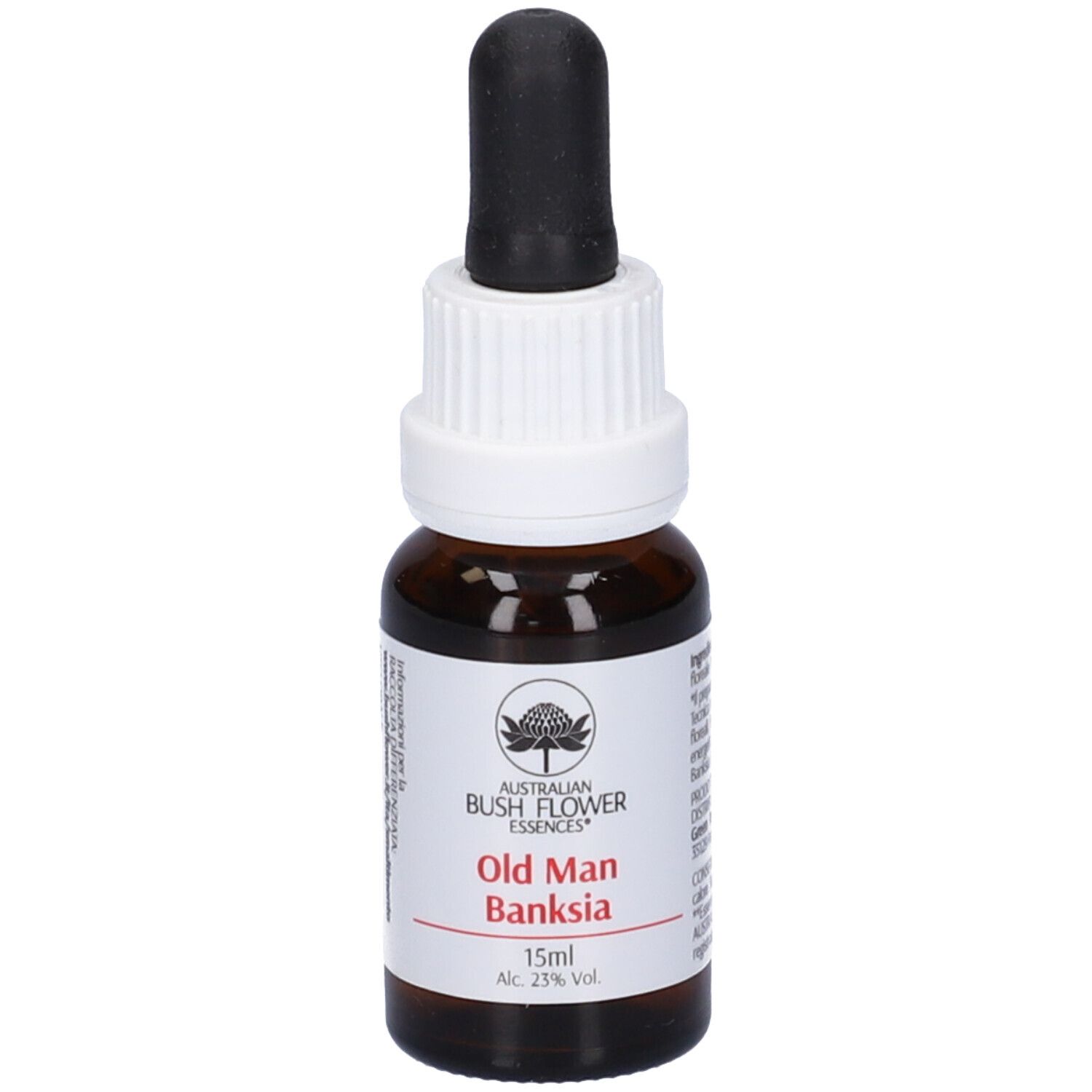 Flacone di vetro marrone con contagocce nero. Etichetta bianca con nome e logo. 15ml.