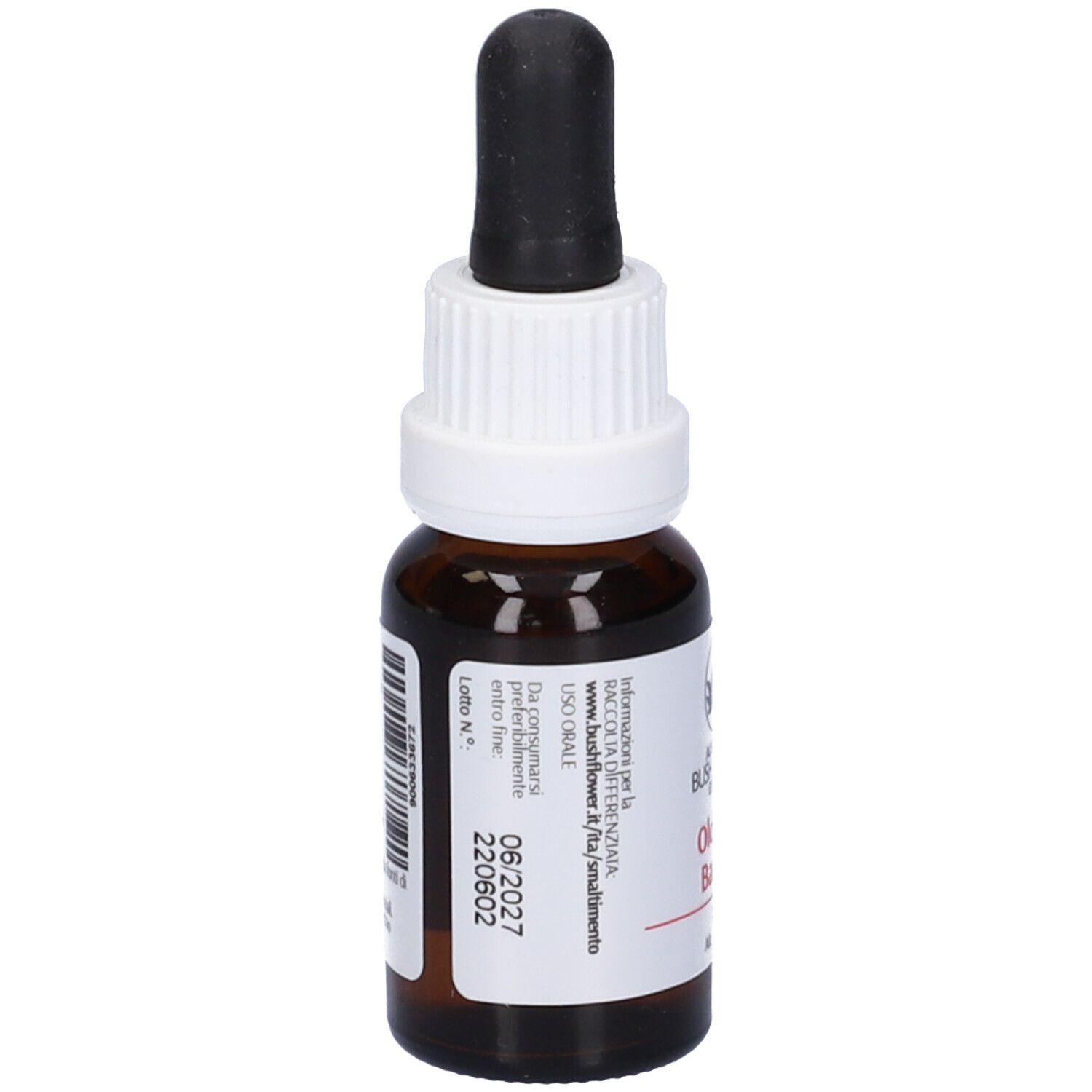 Flacone di vetro marrone con contagocce nero. Etichetta bianca con nome e logo. 15ml.