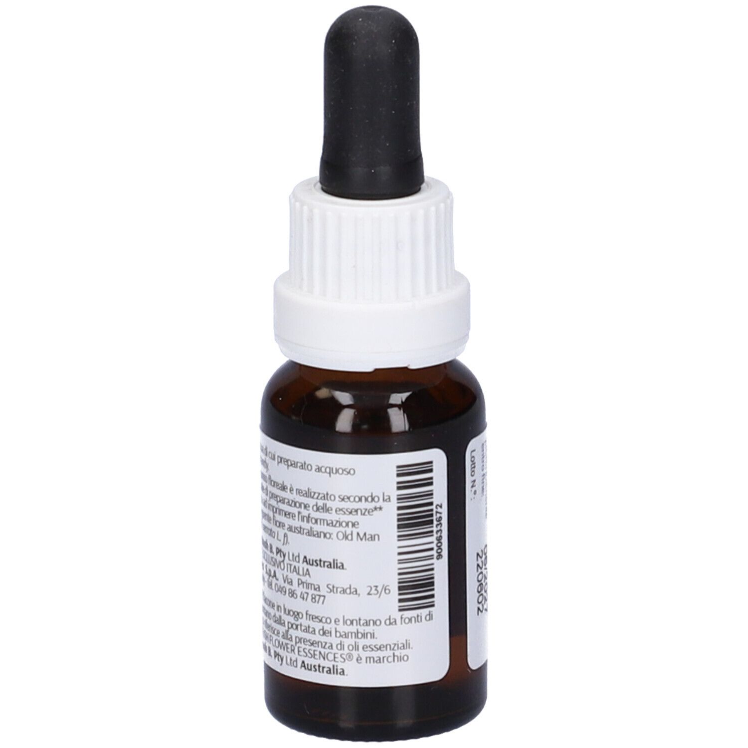 Flacone di vetro marrone con contagocce nero. Etichetta bianca con nome e logo. 15ml.