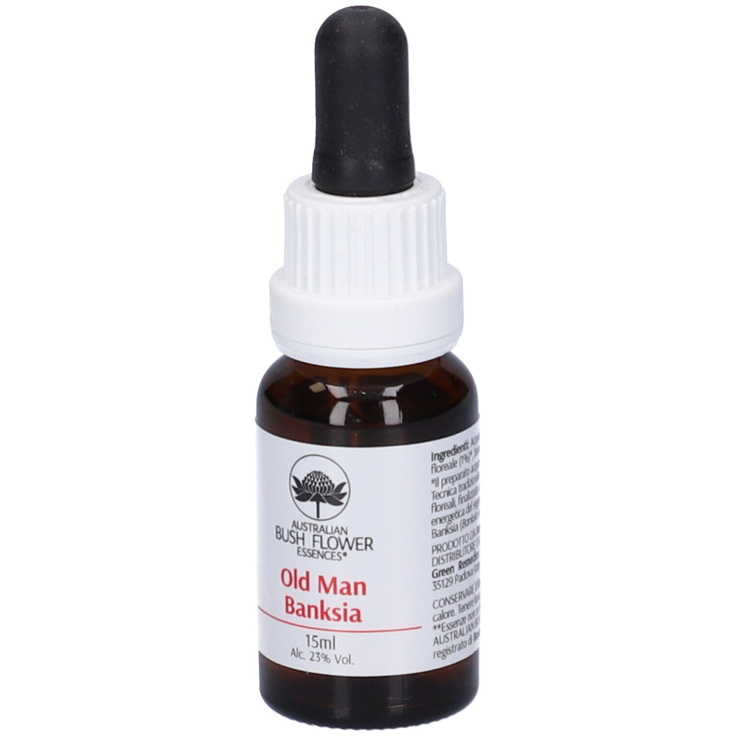 Flacone di vetro marrone con contagocce nero. Etichetta bianca con nome e logo. 15ml.