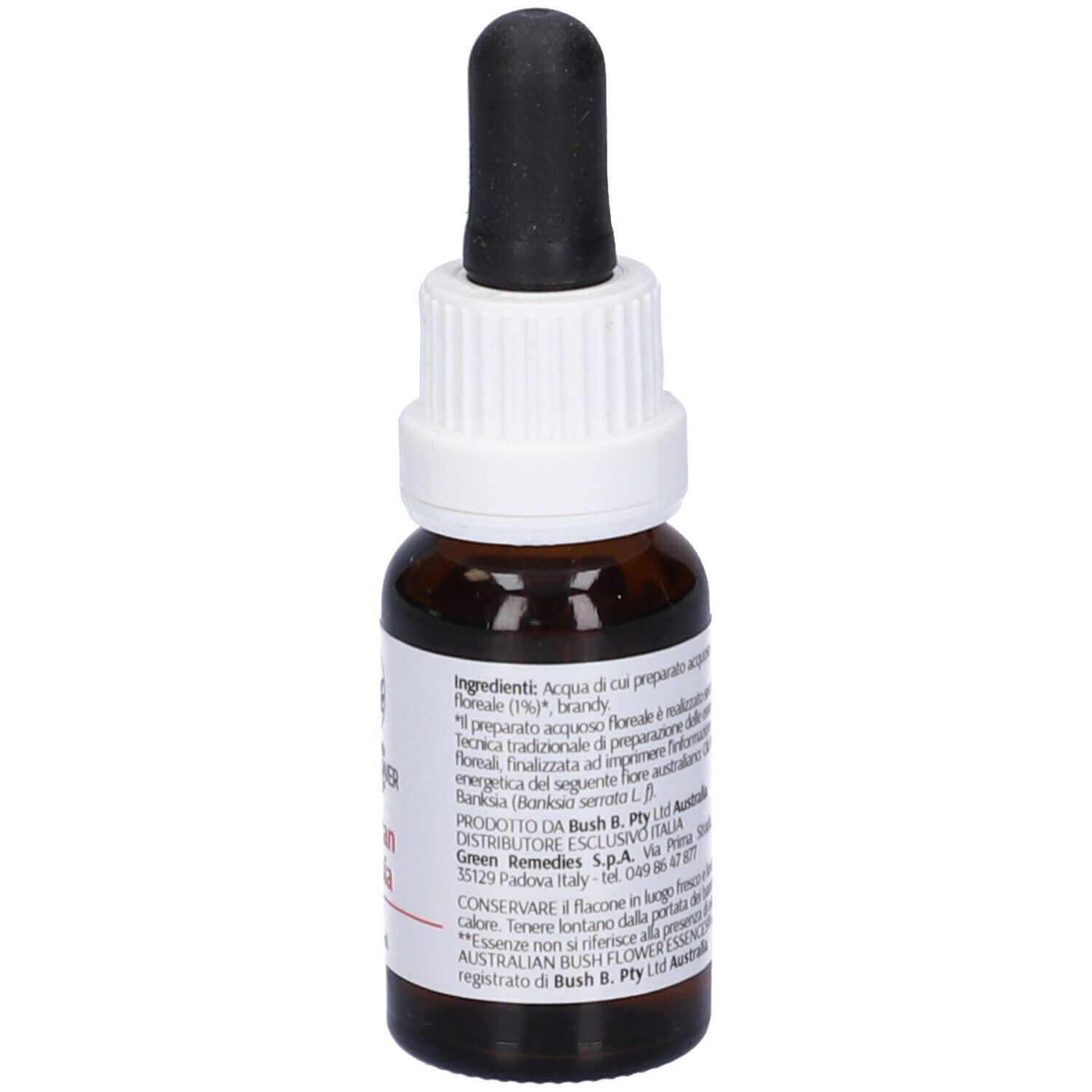 Flacone di vetro marrone con contagocce nero. Etichetta bianca con nome e logo. 15ml.