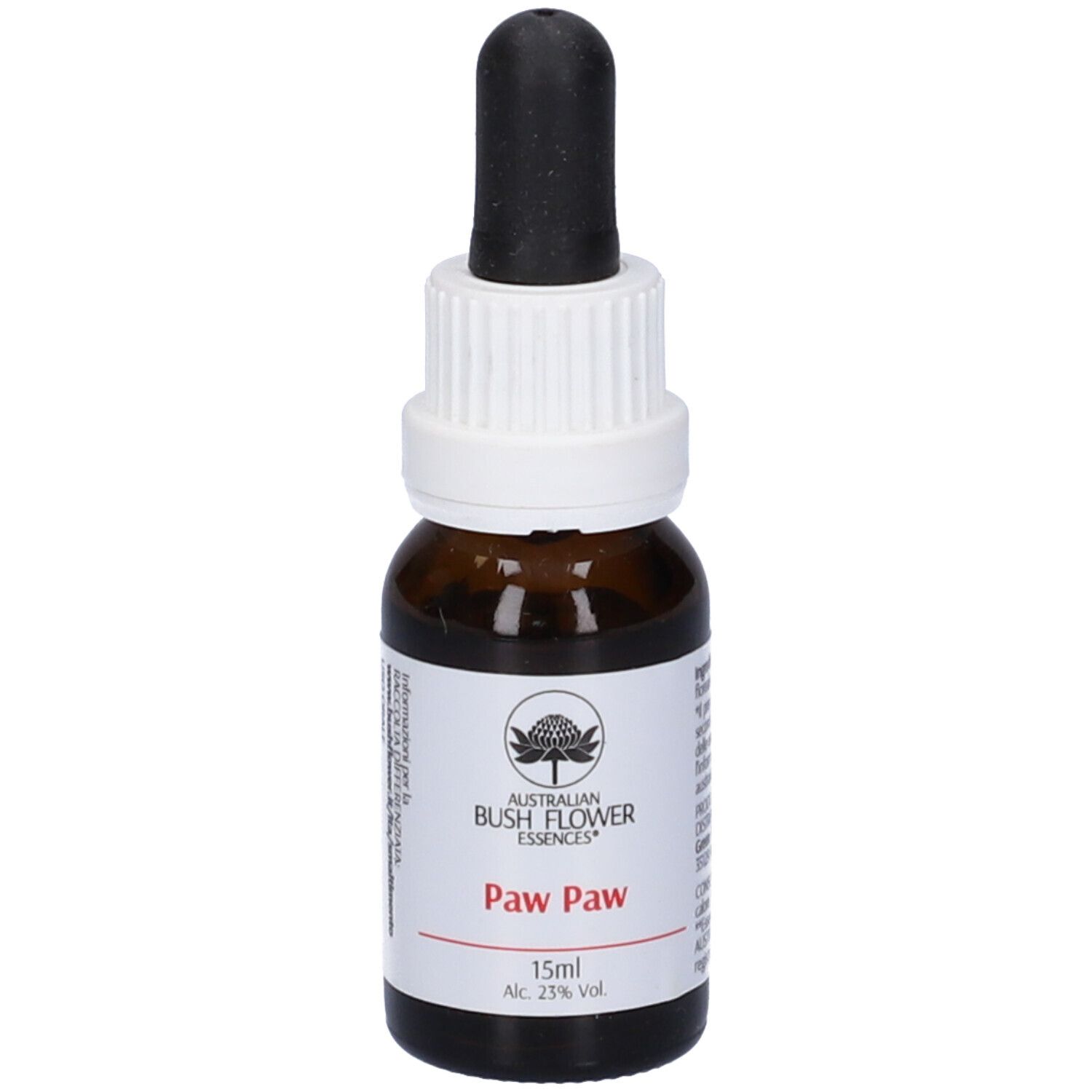 Flacone di vetro marrone con contagocce. Tappo bianco, contagocce nero. Etichetta con nome Paw Paw e logo.