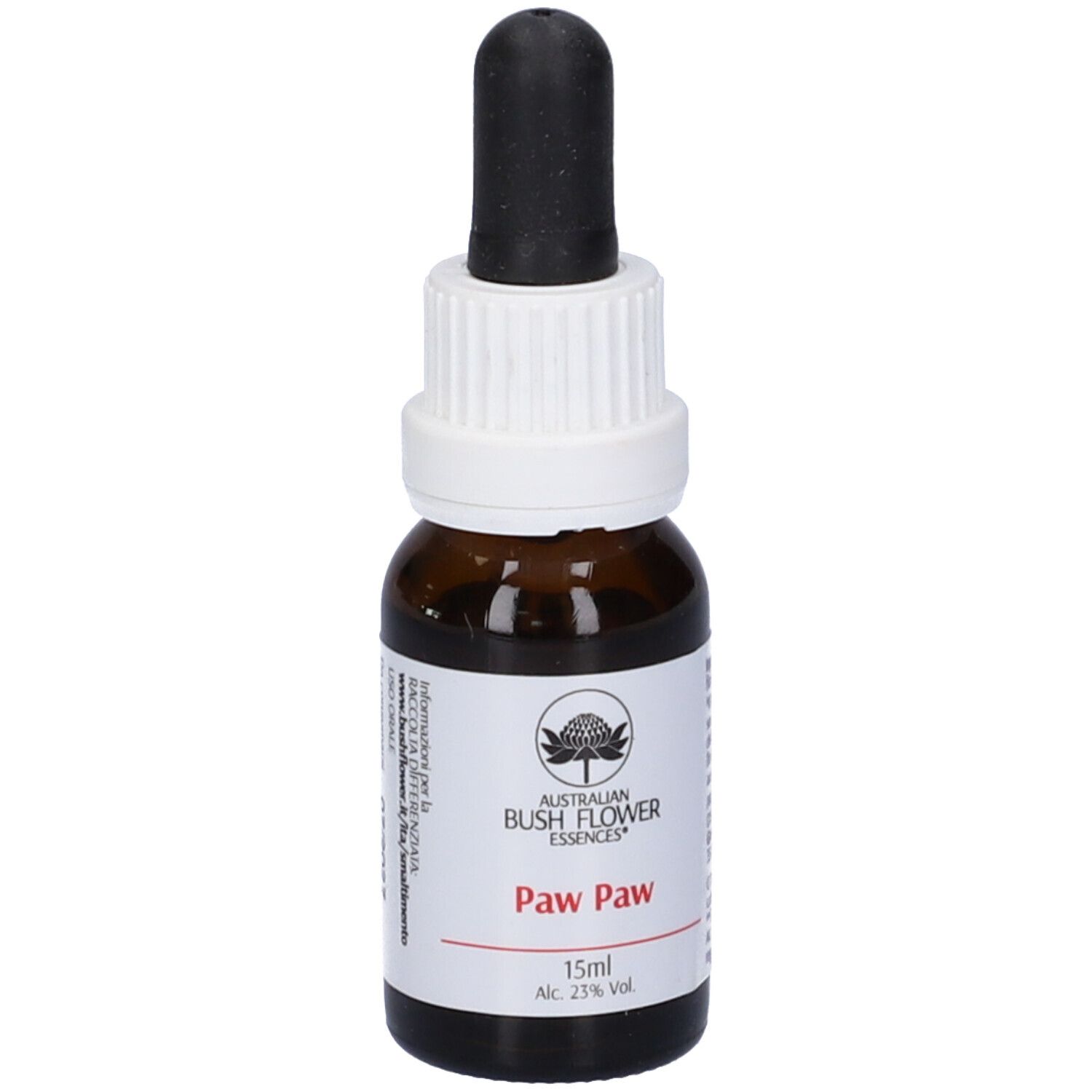 Flacone di vetro marrone con contagocce. Tappo bianco, contagocce nero. Etichetta con nome Paw Paw e logo.