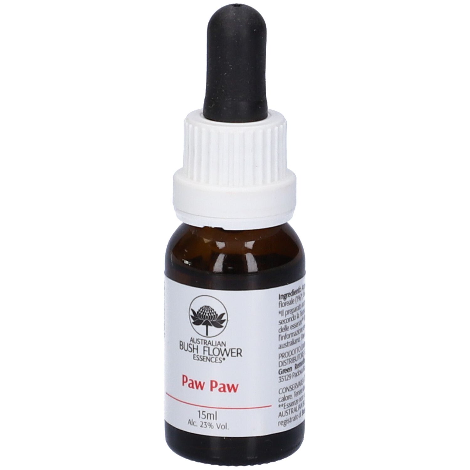 Flacone di vetro marrone con contagocce. Tappo bianco, contagocce nero. Etichetta con nome Paw Paw e logo.