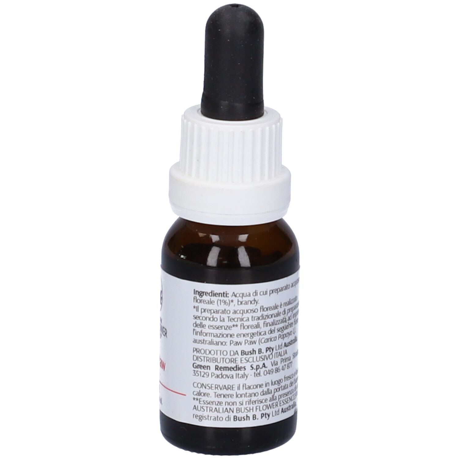 Flacone di vetro marrone con contagocce. Tappo bianco, contagocce nero. Etichetta con ingredienti e logo.