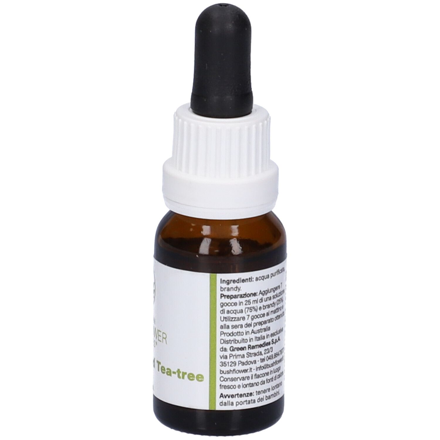 Flacone di vetro marrone con tappo bianco e contagocce nero. Etichetta con informazioni e ingredienti.