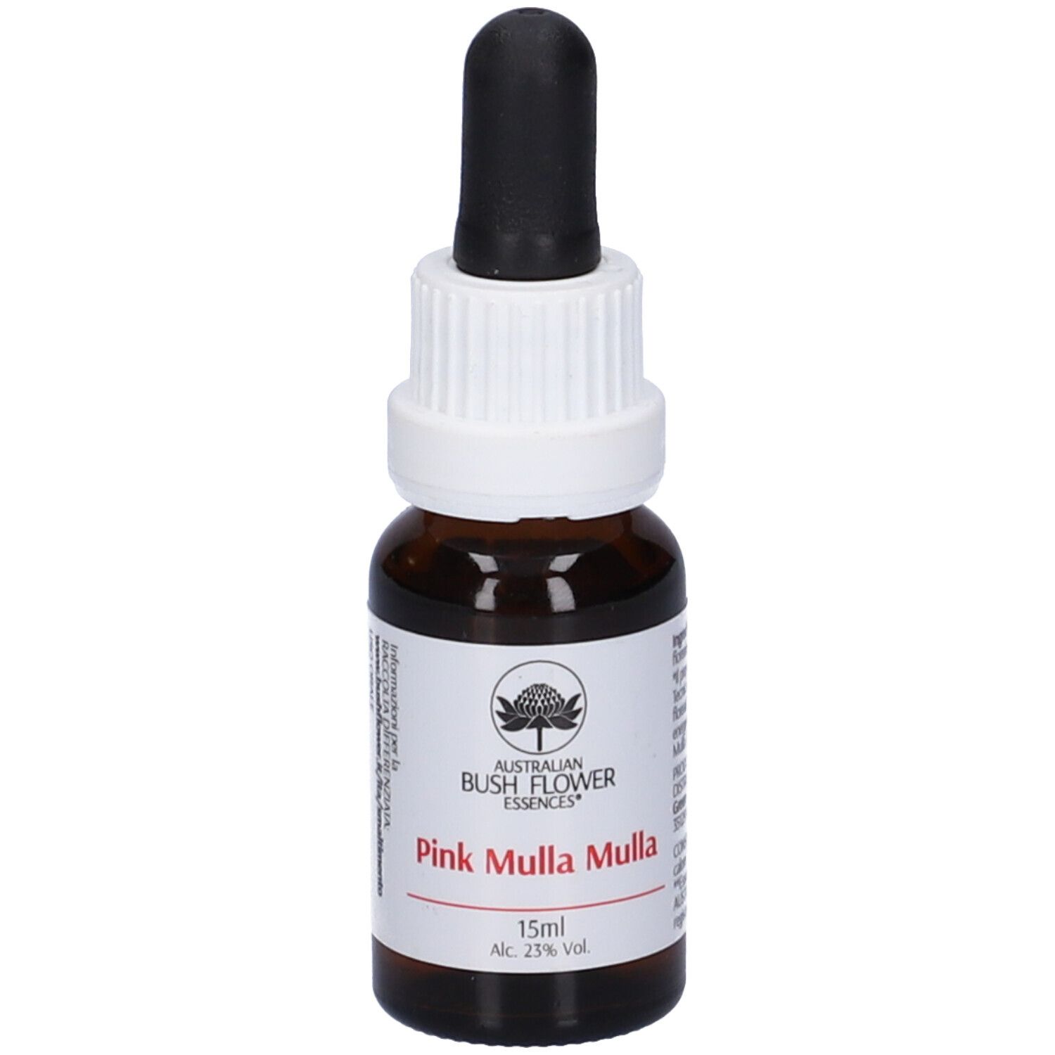 Flacone di vetro marrone con contagocce nero. Etichetta bianca con nome e logo del prodotto. Testo: Pink Mulla Mulla, 15ml, Alc. 23% Vol.