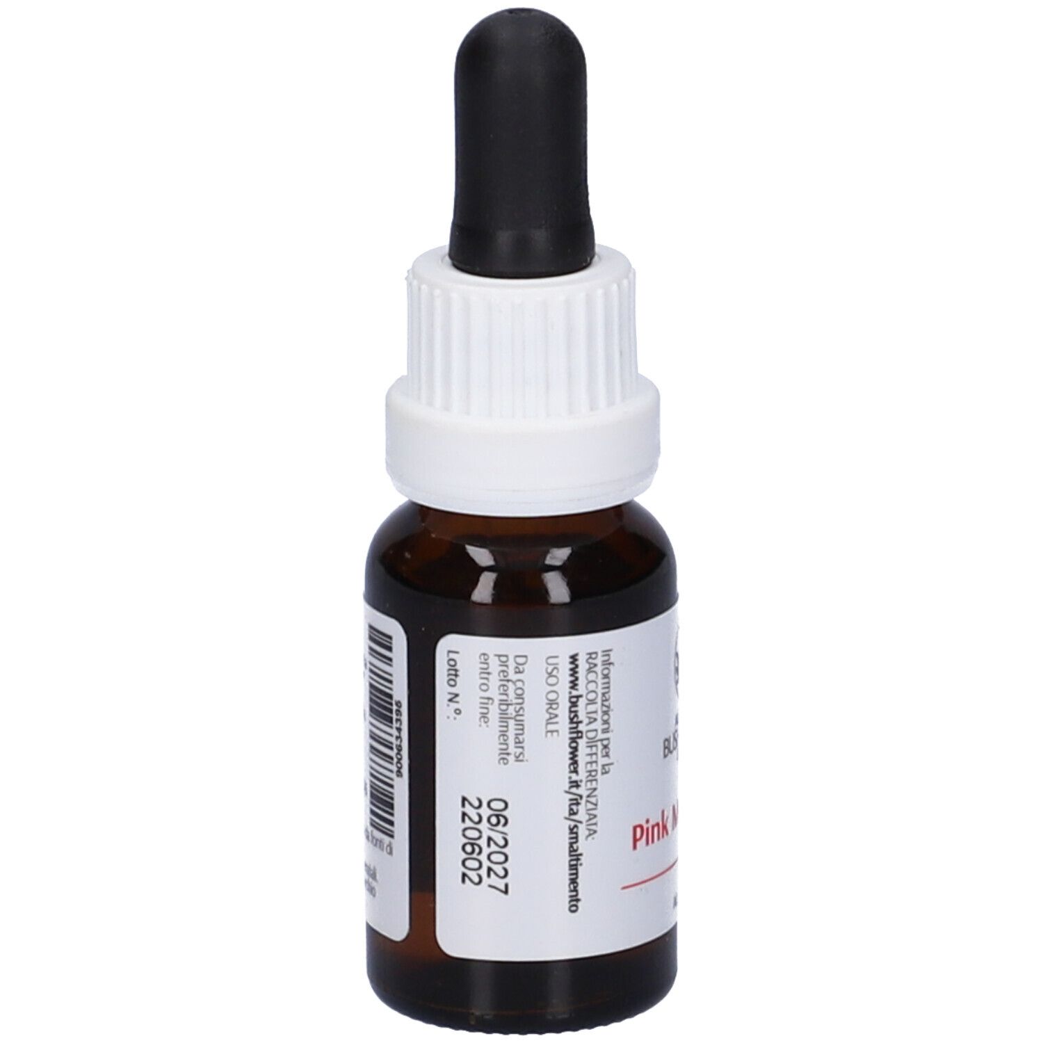 Flacone di vetro marrone con contagocce nero. Etichetta bianca con nome e logo. Testo: Pink Mulla Mulla, 15ml, Alc. 23% Vol. Scadenza 06/2027.