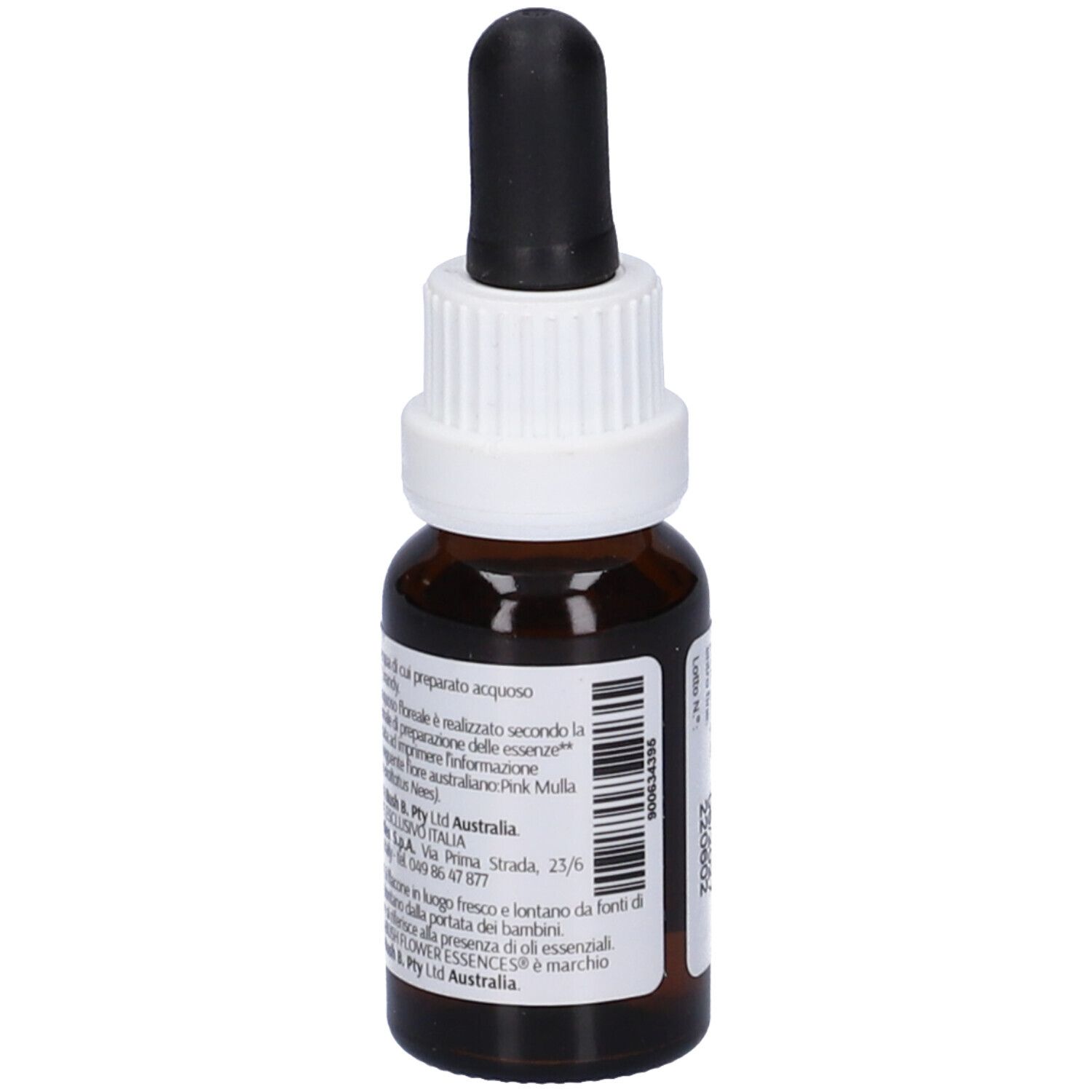 Flacone di vetro marrone con contagocce nero. Etichetta bianca con nome e logo. Testo: Pink Mulla Mulla, 15ml, Alc. 23% Vol. Vista dettagliata.