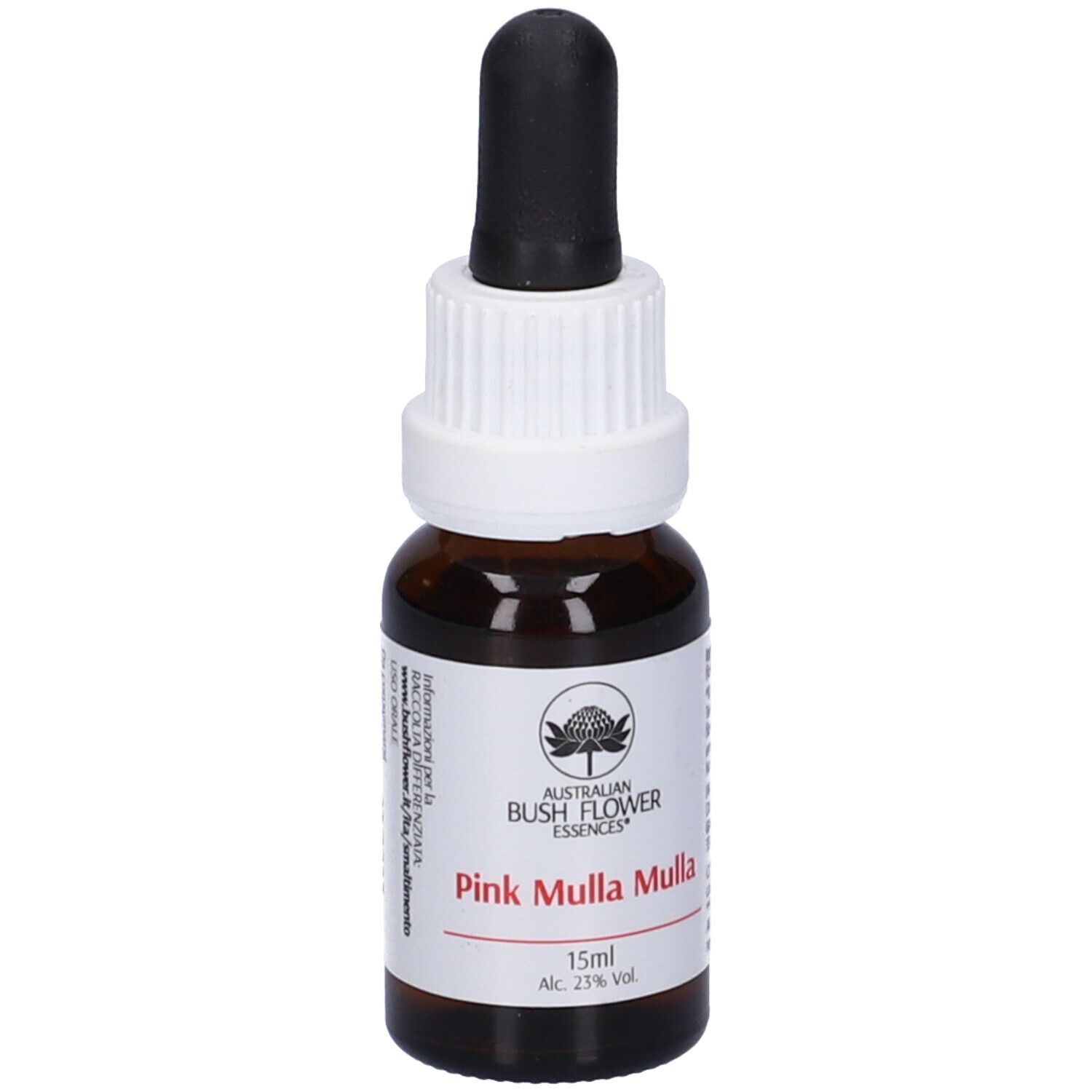 Flacone di vetro marrone con contagocce nero. Etichetta bianca con nome e logo. Testo: Pink Mulla Mulla, 15ml, Alc. 23% Vol. Vista dettagliata.