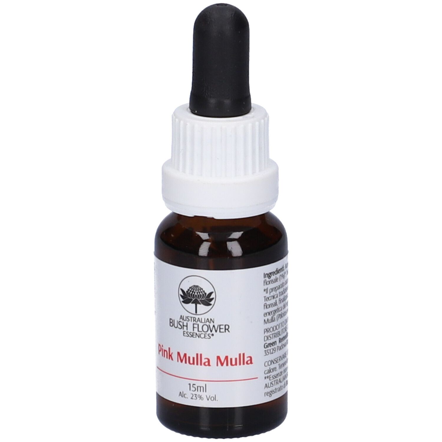 Flacone di vetro marrone con contagocce nero. Etichetta bianca con nome e logo. Testo: Pink Mulla Mulla, 15ml, Alc. 23% Vol. Vista dettagliata.