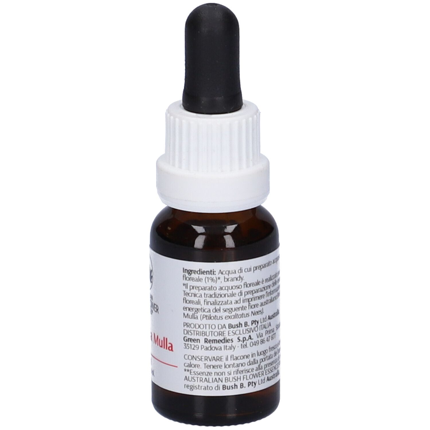 Flacone di vetro marrone con contagocce nero. Etichetta bianca con nome e logo. Testo: Pink Mulla Mulla, 15ml, Alc. 23% Vol. Vista dettagliata.