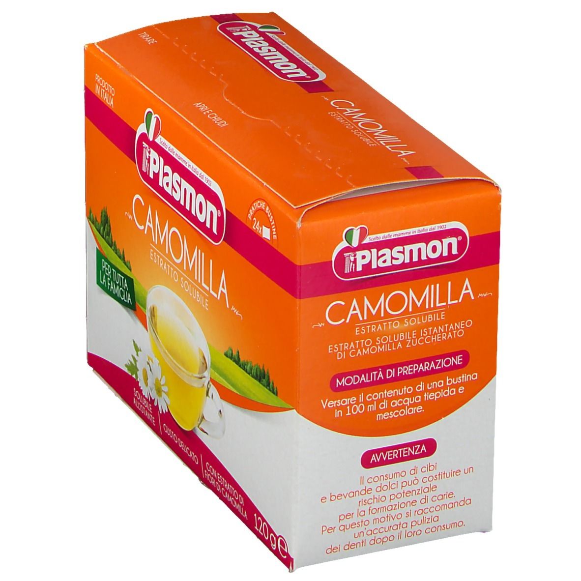 Plasmon Camomilla, lösliches Kamillenextrakt. Orangefarbene Schachtel mit Produktabbildung und Text. 120g.