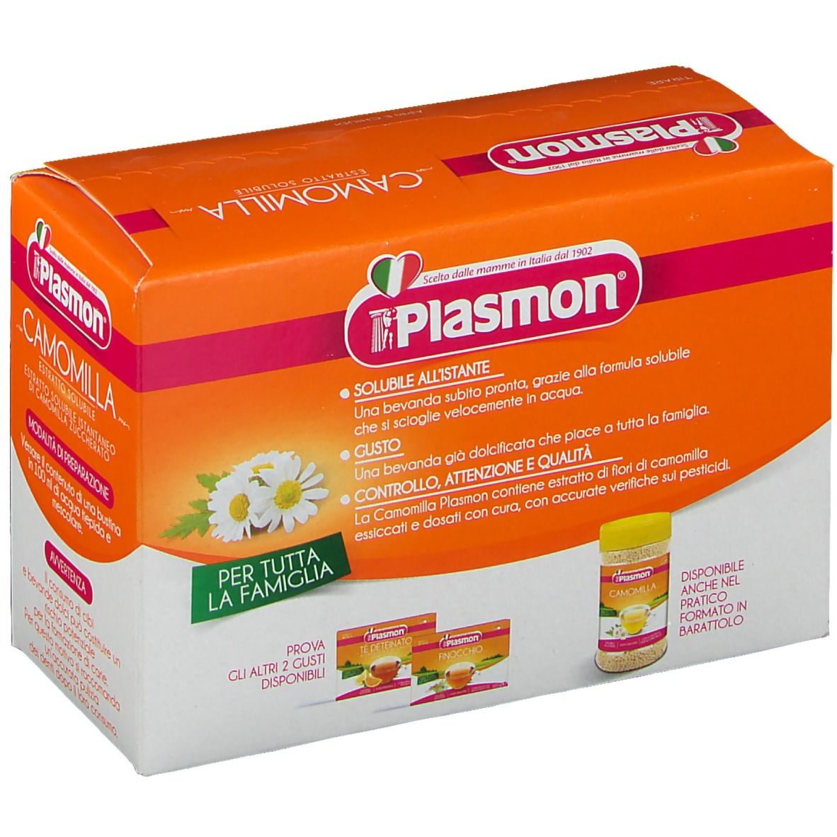 Plasmon Camomilla, lösliches Kamillenextrakt. Orangefarbene Schachtel mit Produktabbildung und Text. 120g.