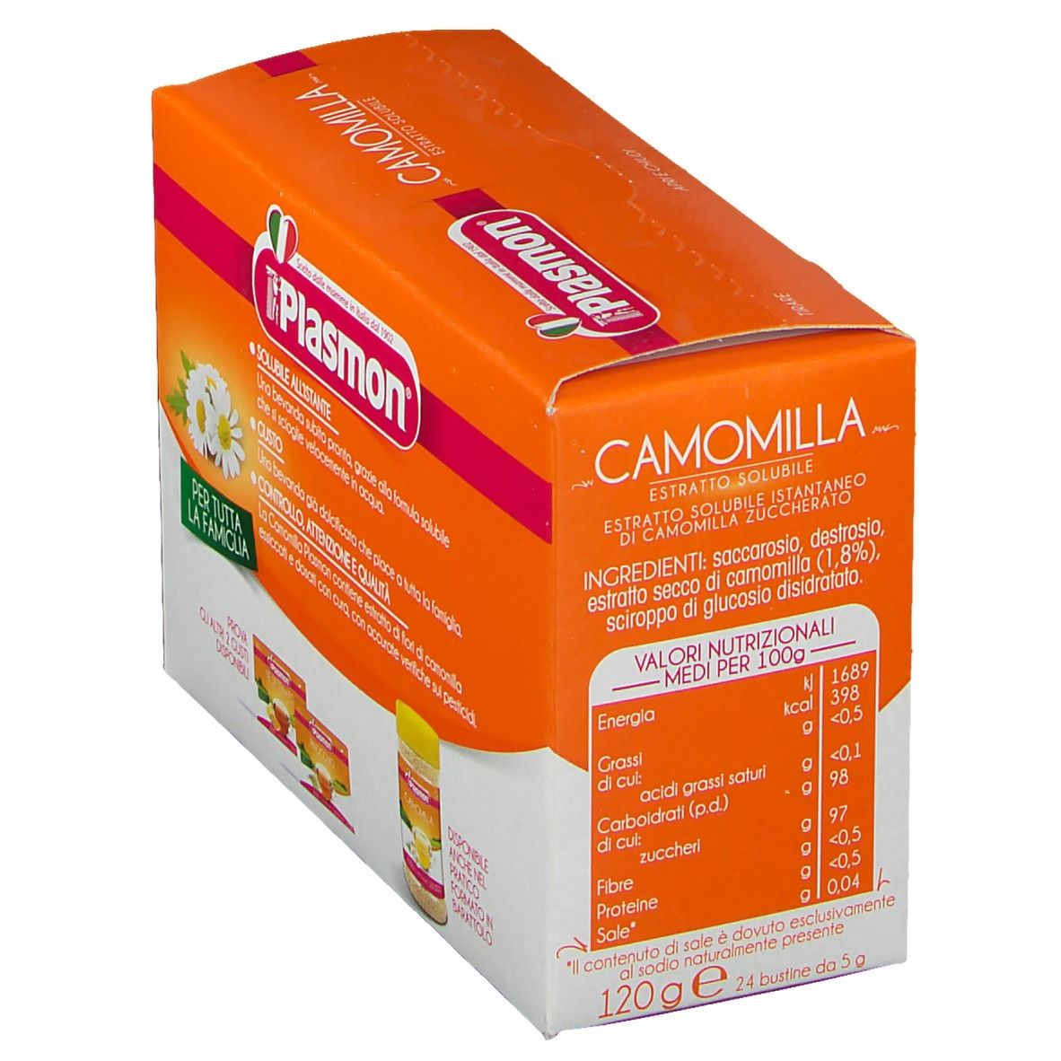 Plasmon Camomilla, lösliches Kamillenextrakt. Orangefarbene Schachtel mit Nährwertangaben und Text. 120g, 24 Beutel.