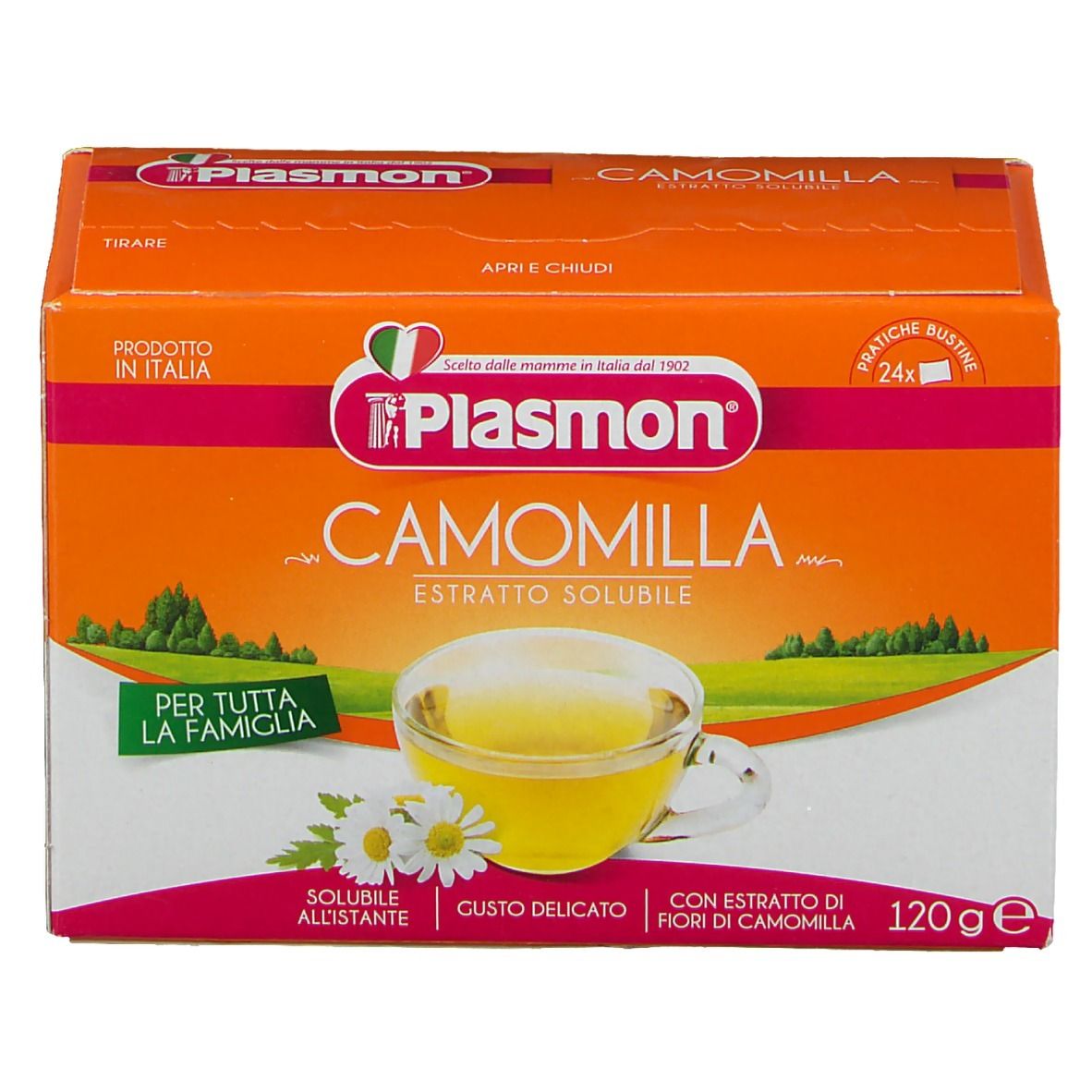 Plasmon Camomilla, lösliches Kamillenextrakt. Orangefarbene Schachtel mit Produktabbildung und Text. 120g, 24 Beutel.
