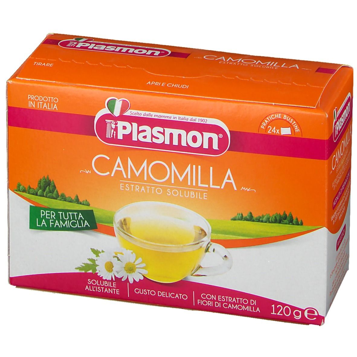 Plasmon Camomilla, lösliches Kamillenextrakt. Orangefarbene Schachtel mit Produktabbildung und Text. 120g, 24 Beutel.