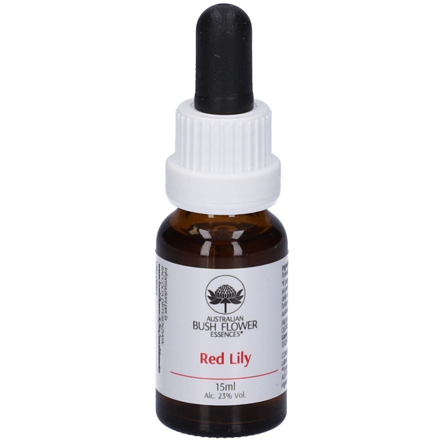 Flacone di vetro marrone con contagocce. Scritta: Red Lily, 15ml, Alc. 23% vol. Logo: Australian Bush Flower Essences.