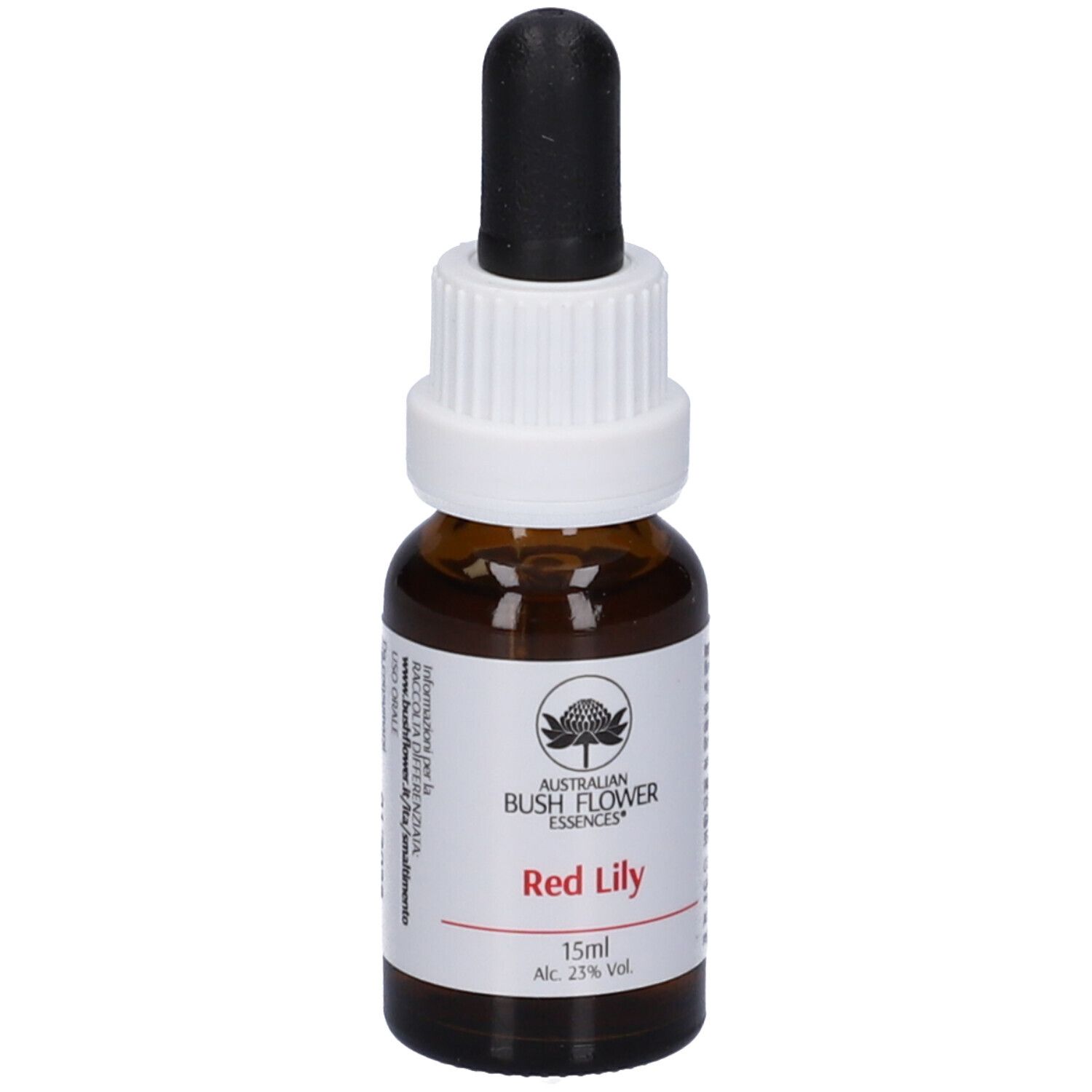 Flacone di vetro marrone con contagocce. Scritta: Red Lily, 15ml, Alc. 23% vol. Logo: Australian Bush Flower Essences.