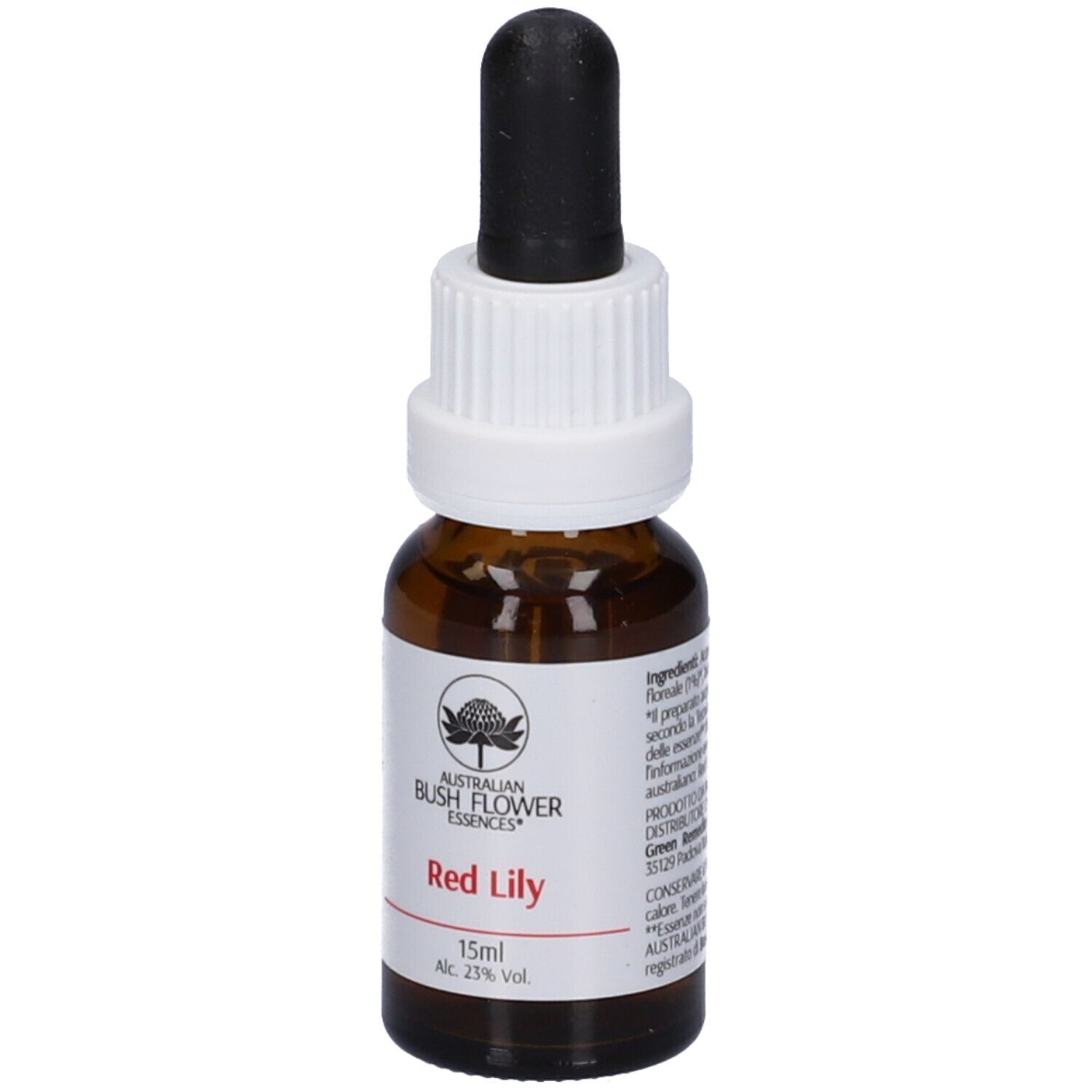 Flacone di vetro marrone con contagocce. Scritta: Red Lily, 15ml, Alc. 23% vol. Logo: Australian Bush Flower Essences.