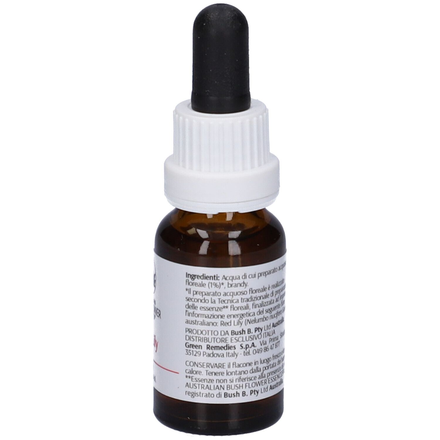 Flacone di vetro marrone con contagocce. Etichetta con ingredienti e informazioni del produttore.