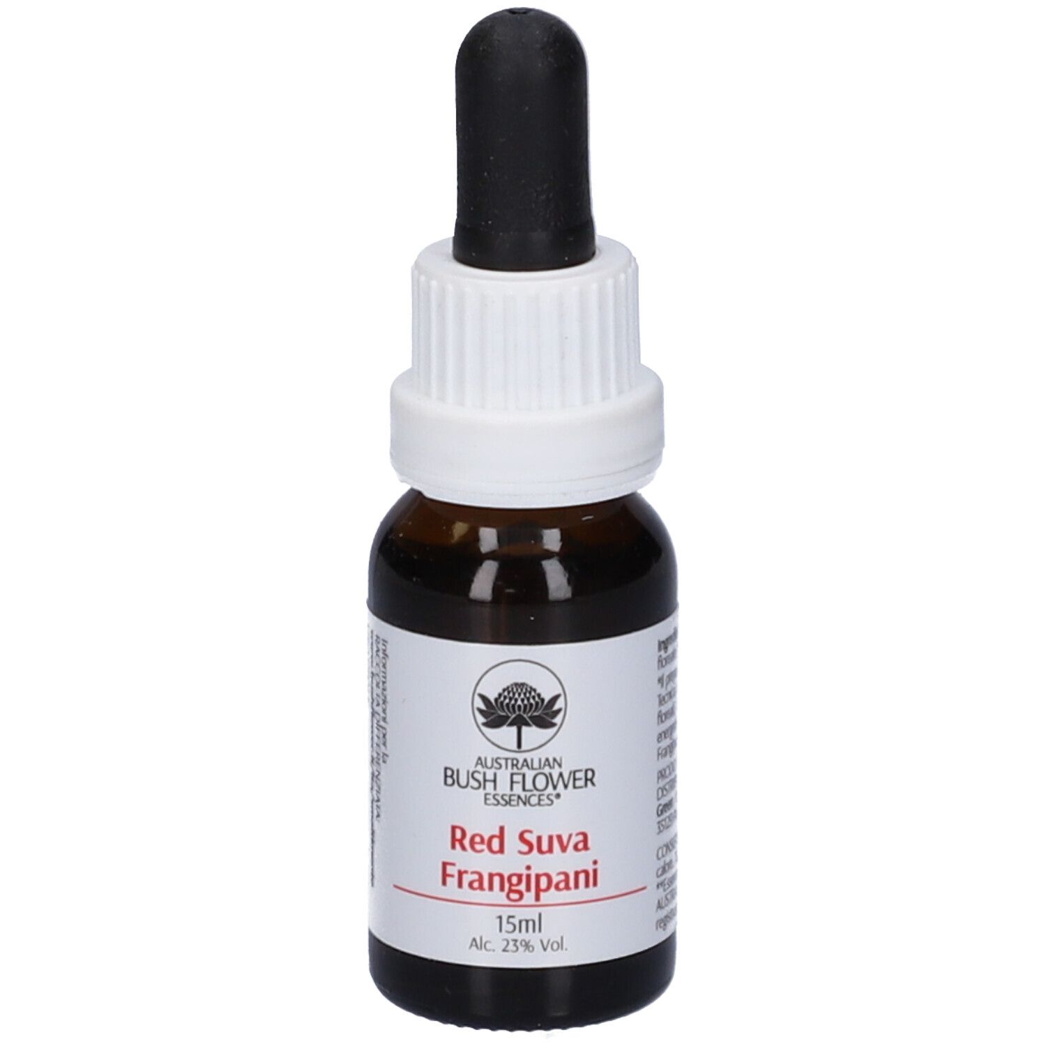 Flacone di vetro marrone con tappo bianco e contagocce nero. Etichetta con "Red Suva Frangipani" e "15ml".