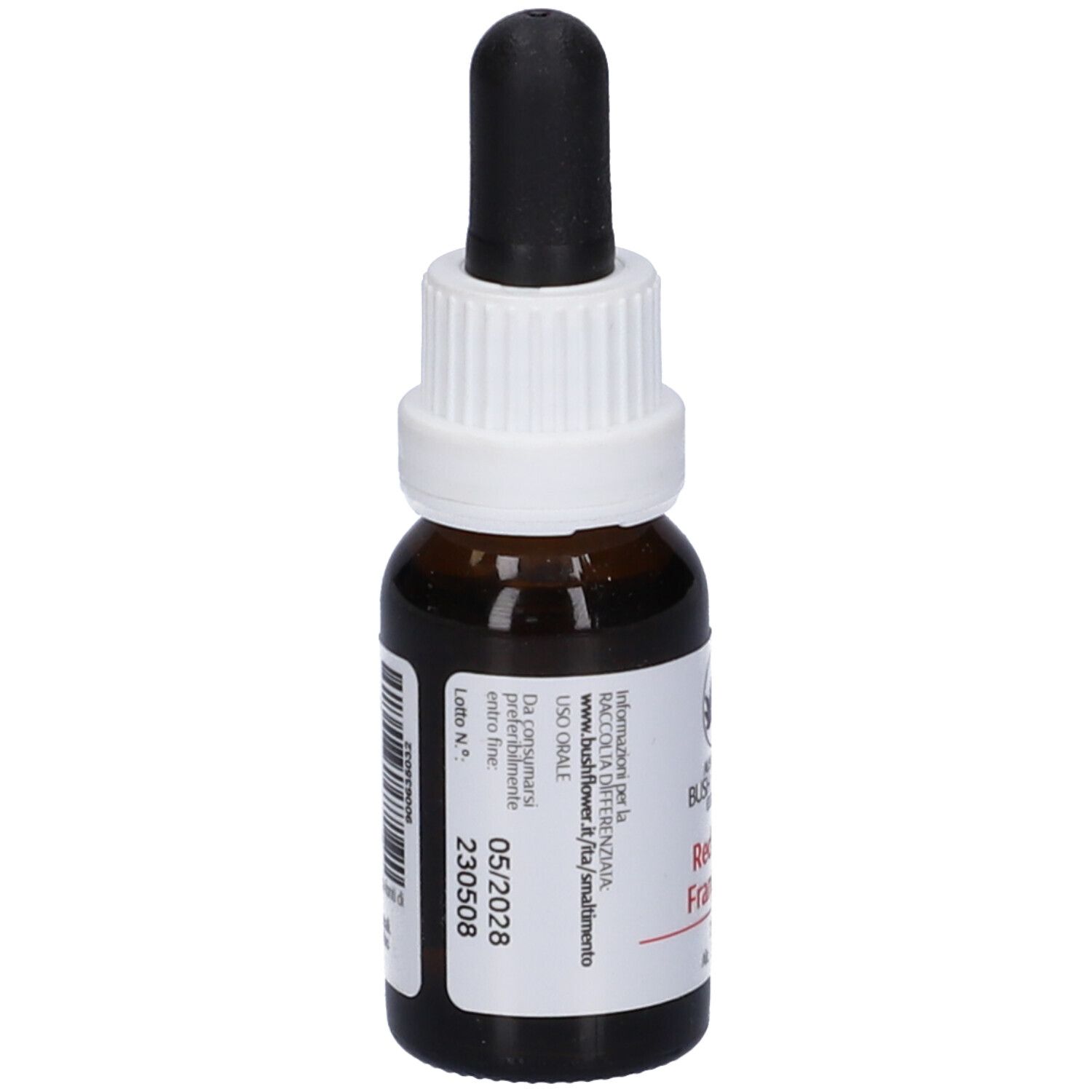 Flacone di vetro marrone con tappo bianco e contagocce nero. Etichetta con testo e codice a barre.