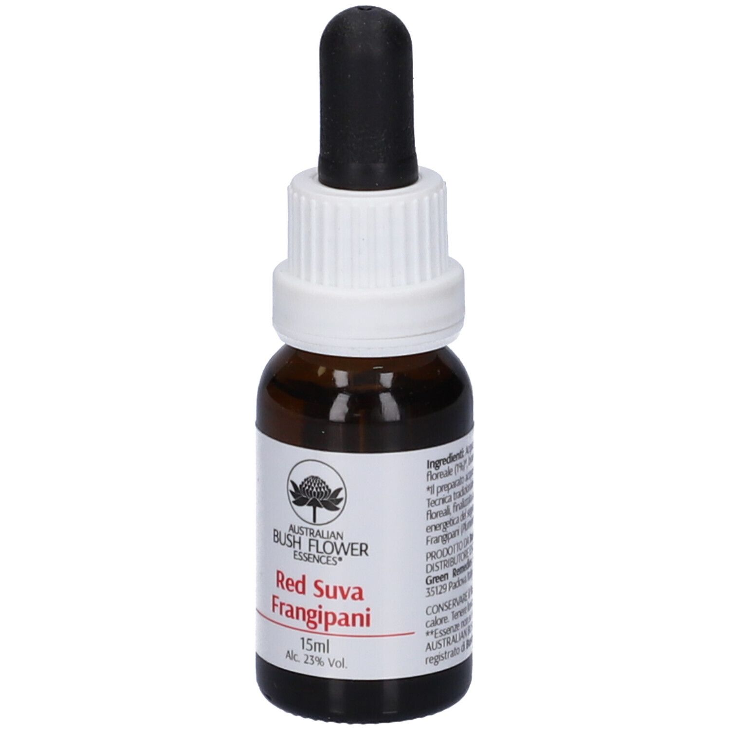 Flacone di vetro marrone con tappo bianco e contagocce nero. Etichetta con testo, logo e "15ml".