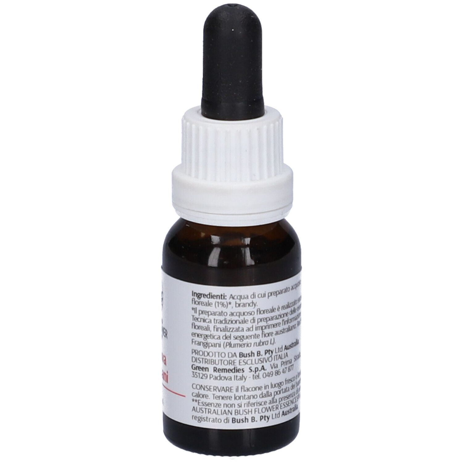 Flacone di vetro marrone con tappo bianco e contagocce nero. Etichetta con testo, logo e ingredienti.