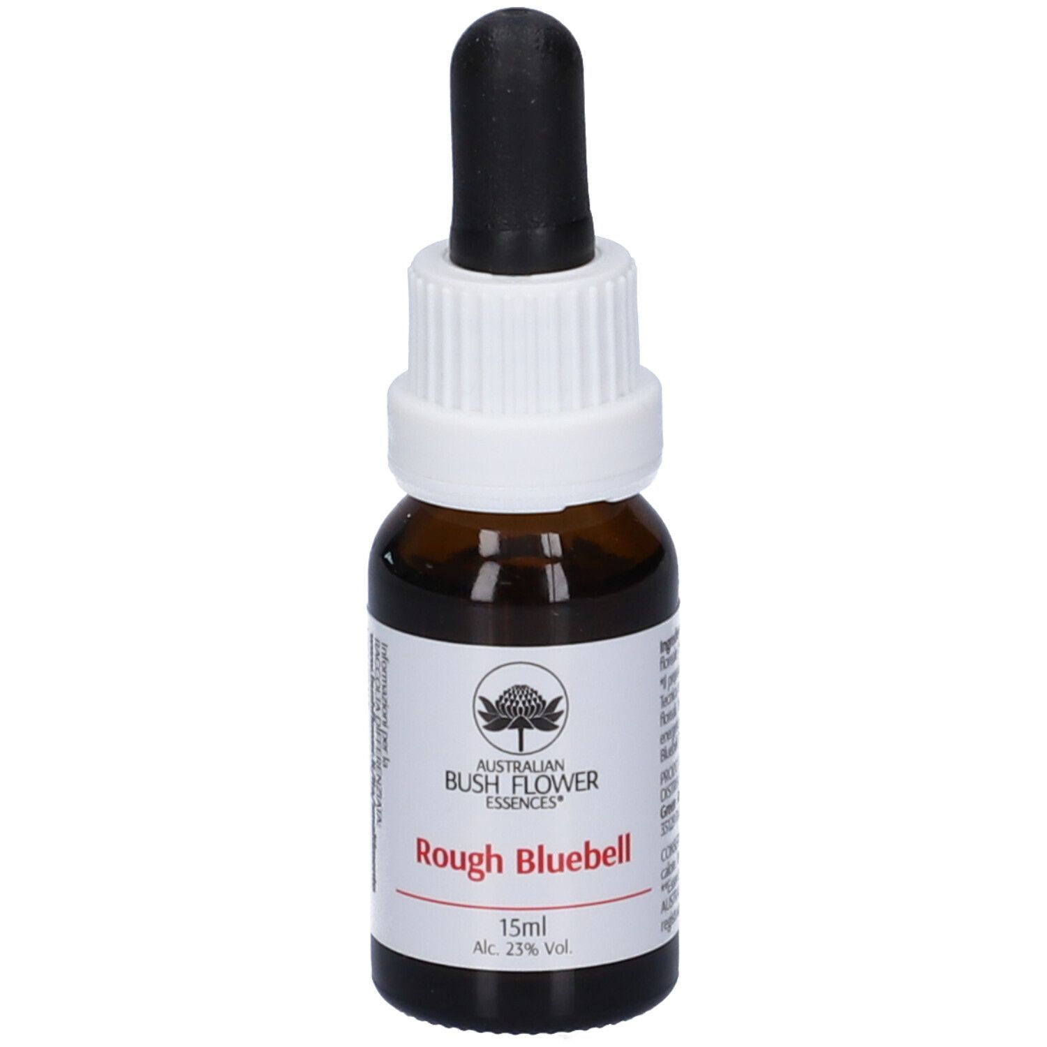 Flacone di vetro marrone con contagocce nero. Etichetta bianca con nome e logo del prodotto. Scritta: Rough Bluebell, 15ml.