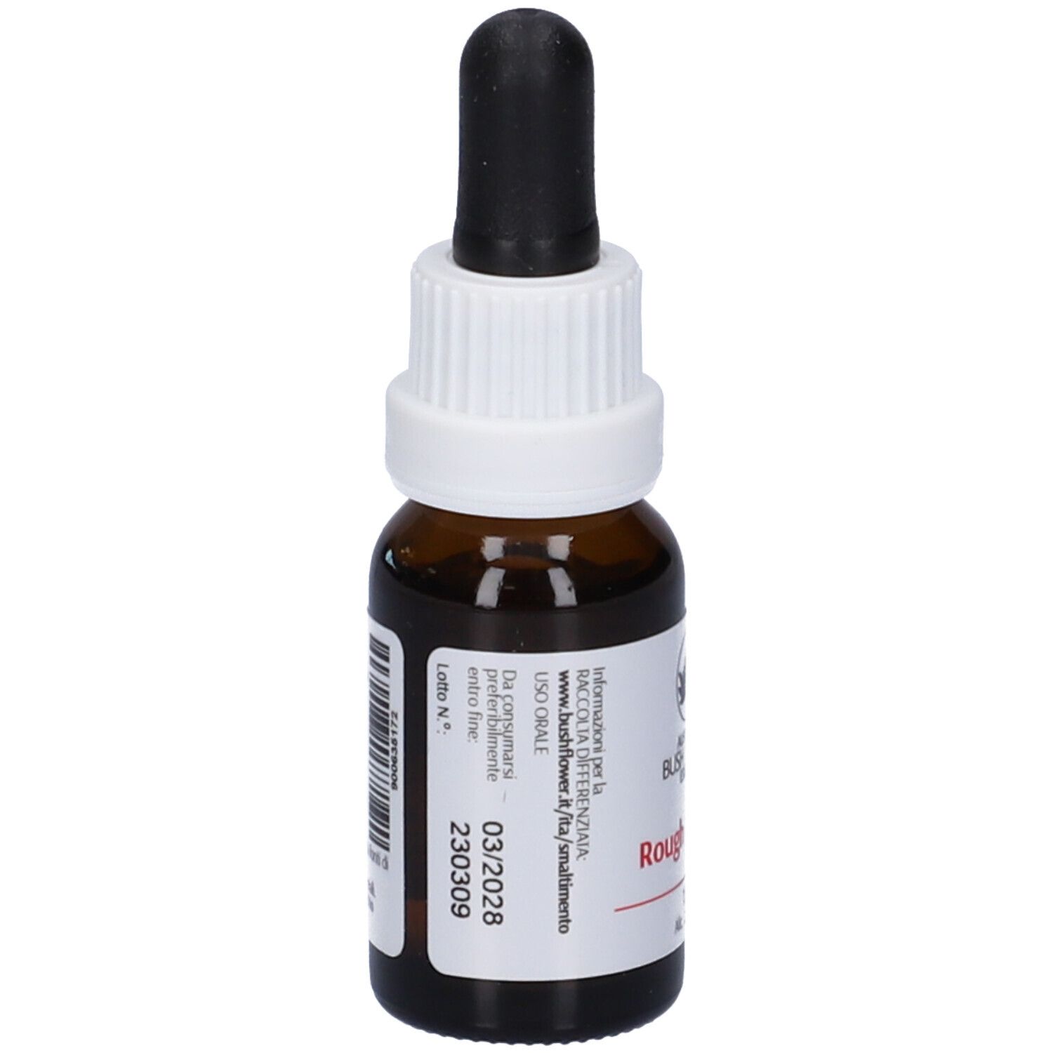 Flacone di vetro marrone con contagocce nero. Etichetta bianca con informazioni e logo. Scritta: Rough Bluebell, 15ml.