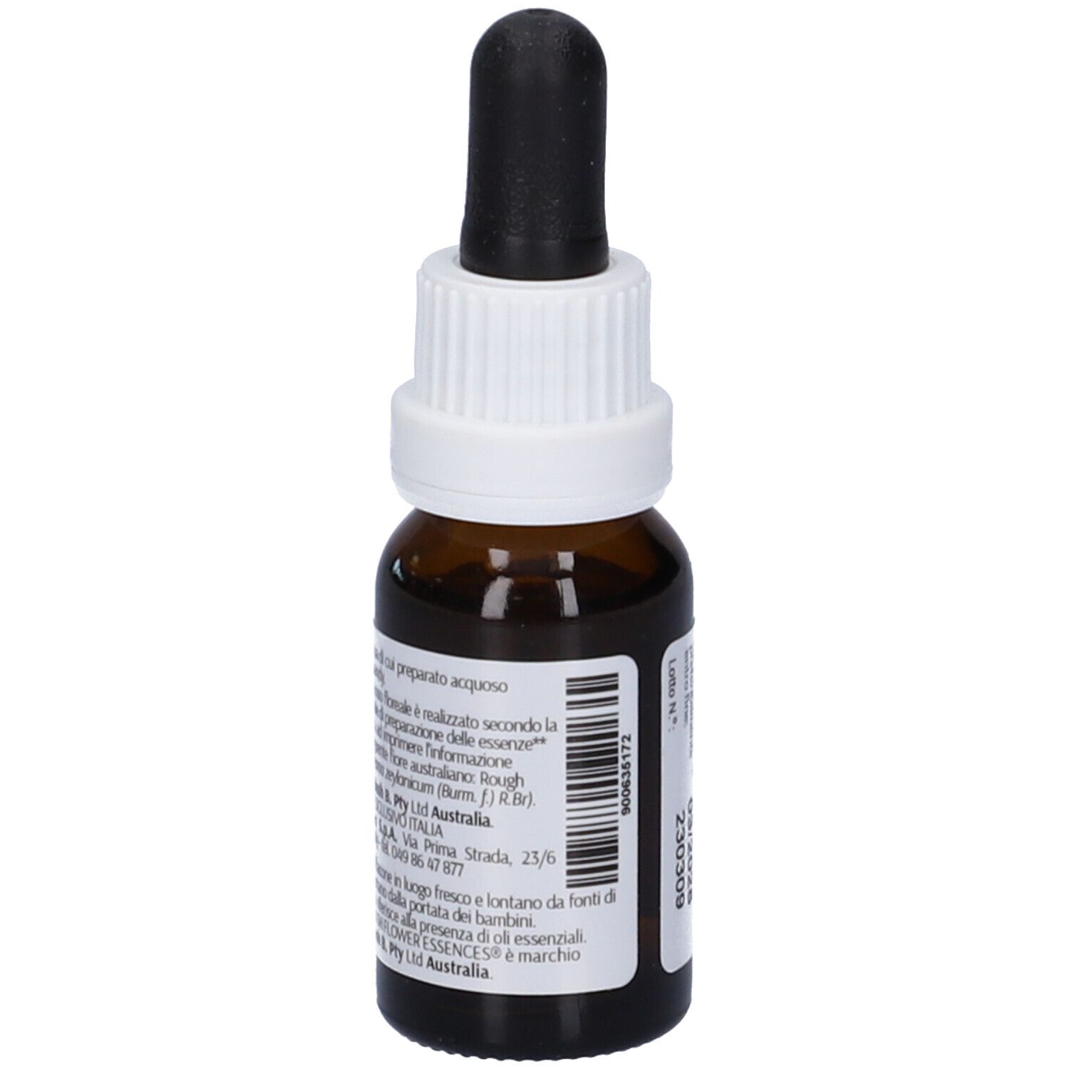 Flacone di vetro marrone con contagocce nero. Etichetta bianca con informazioni e logo. Scritta: Rough Bluebell, 15ml.