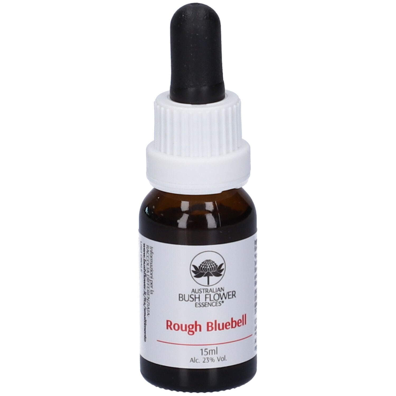 Flacone di vetro marrone con contagocce nero. Etichetta bianca con informazioni e logo. Scritta: Rough Bluebell, 15ml.