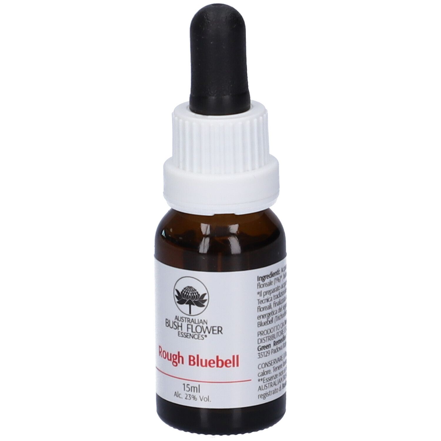Flacone di vetro marrone con contagocce nero. Etichetta bianca con informazioni e logo. Scritta: Rough Bluebell, 15ml.