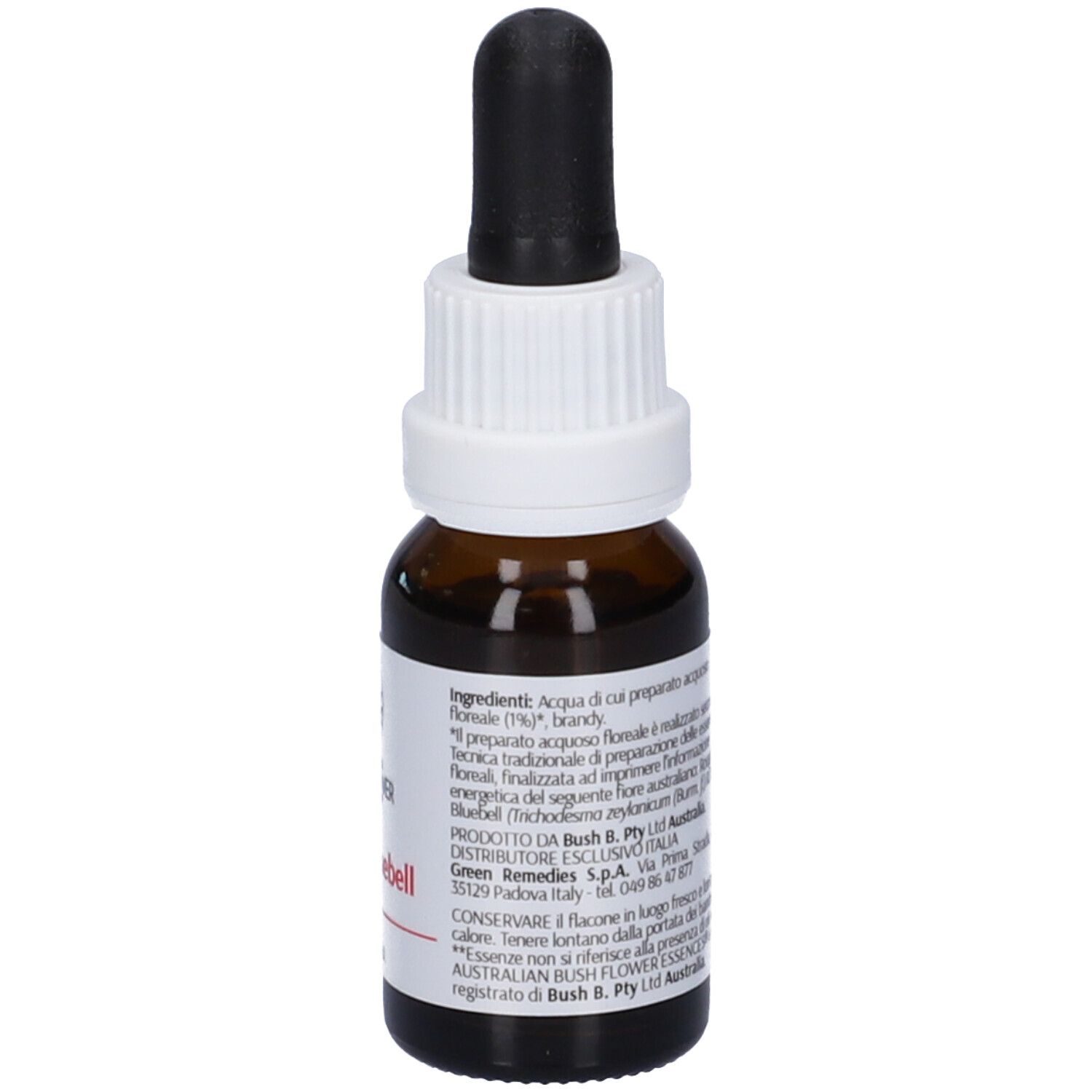 Flacone di vetro marrone con contagocce nero. Etichetta bianca con informazioni e logo. Scritta: Rough Bluebell, 15ml.