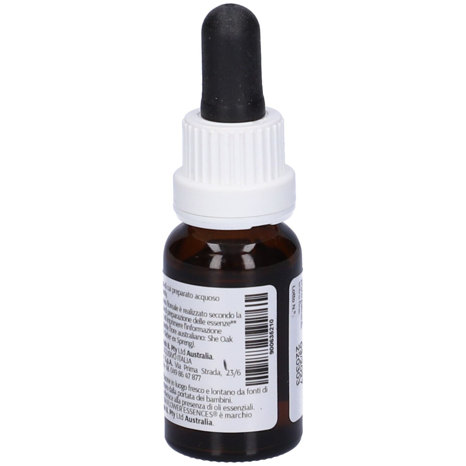 Flacone di vetro marrone con contagocce nero. Tappo bianco. Etichetta con testo e codice a barre. Informazioni produttore.