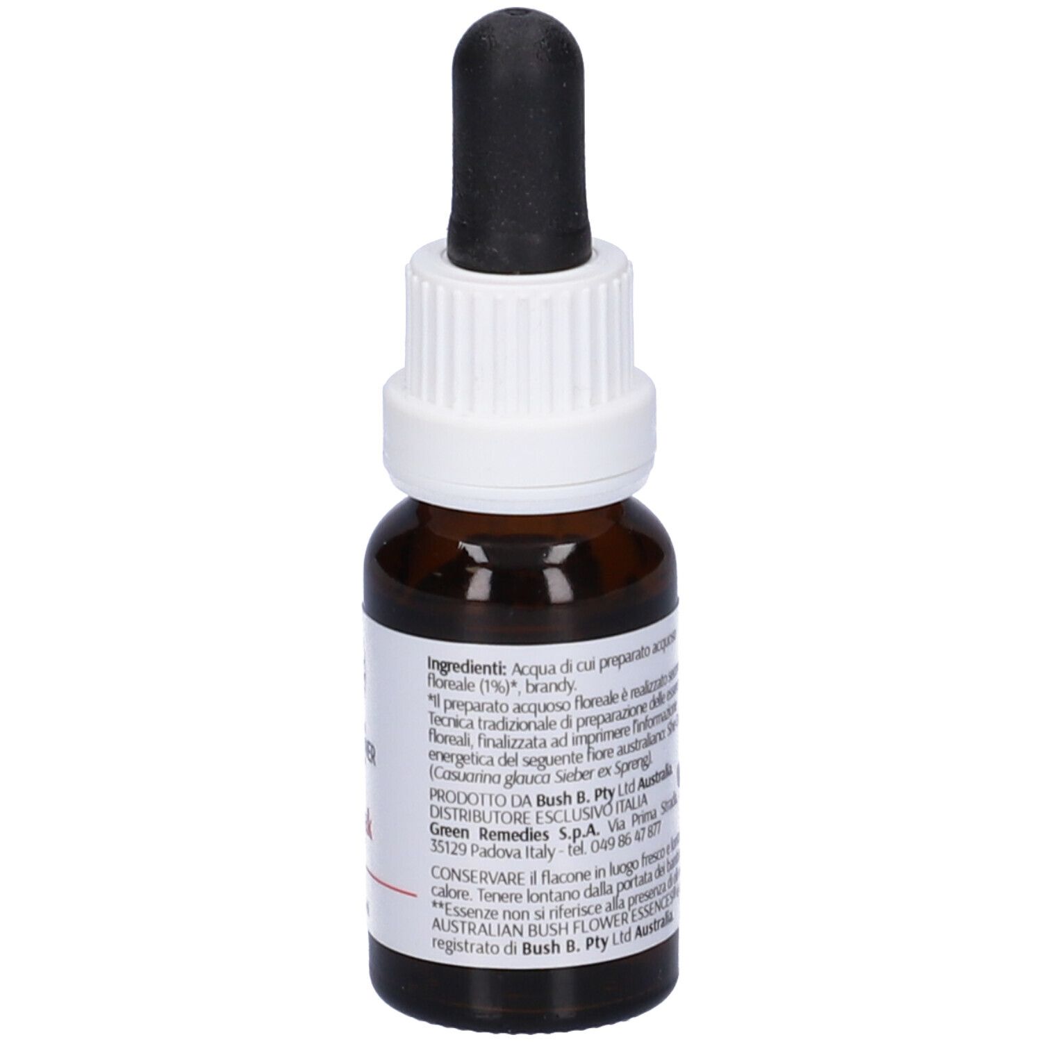 Flacone di vetro marrone con contagocce nero. Tappo bianco. Etichetta con ingredienti e informazioni produttore.