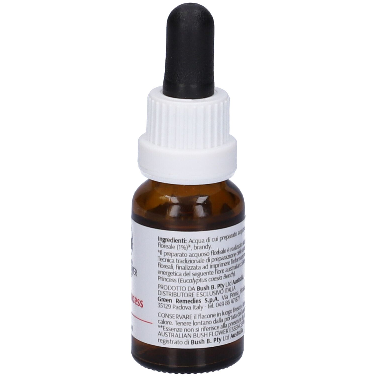 Flacone di vetro marrone con contagocce. Tappo bianco. Etichetta con nome Silver Princess e logo.